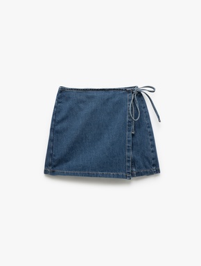 Pamuklu Bağlama Detaylı Mini Denim Şort Etek_3