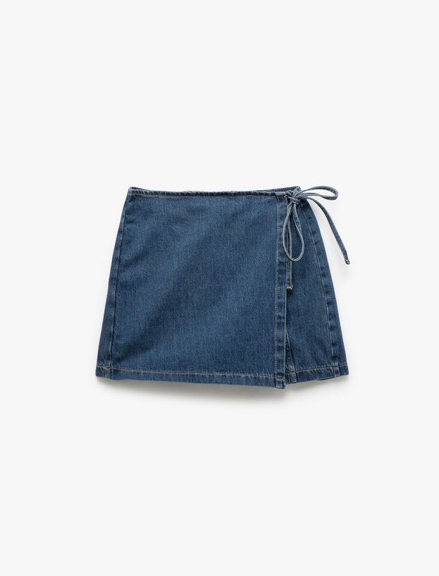 Pamuklu Bağlama Detaylı Mini Denim Şort Etek_3