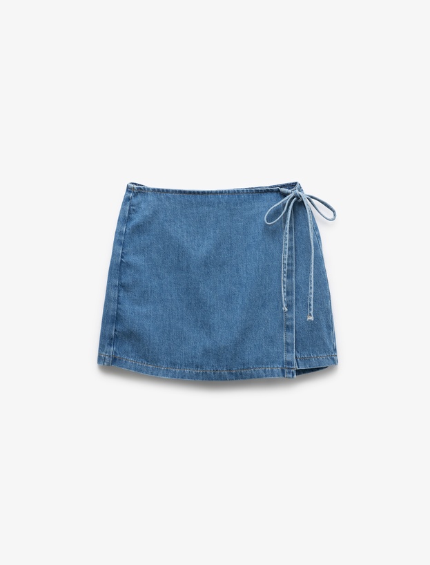 Pamuklu Bağlama Detaylı Mini Denim Şort Etek_3