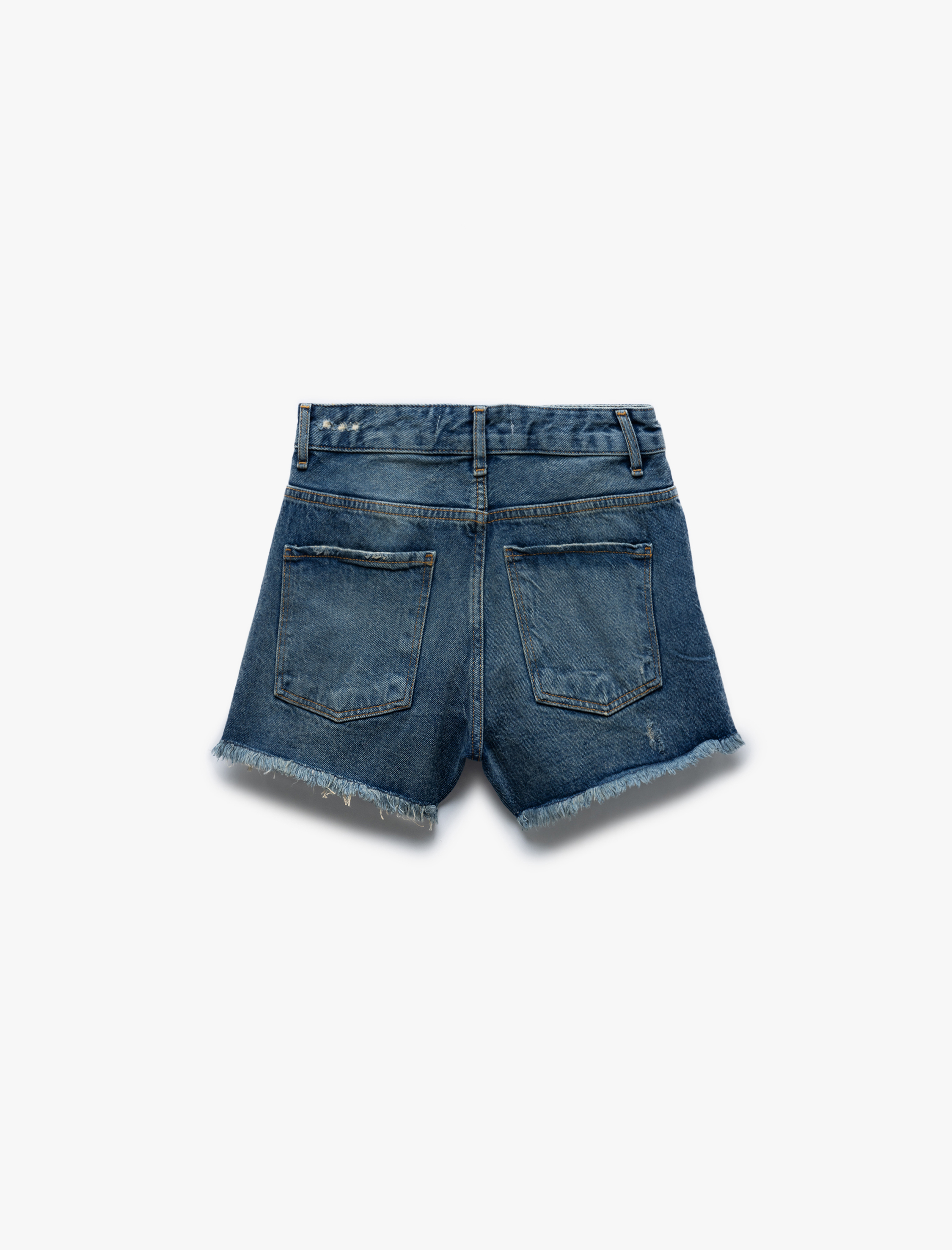   Yıpratma Detaylı Düğmeli Cepli Yüksek Bel Mini Denim Şort