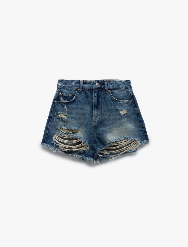 Yıpratma Detaylı Düğmeli Cepli Yüksek Bel Mini Denim Şort_3