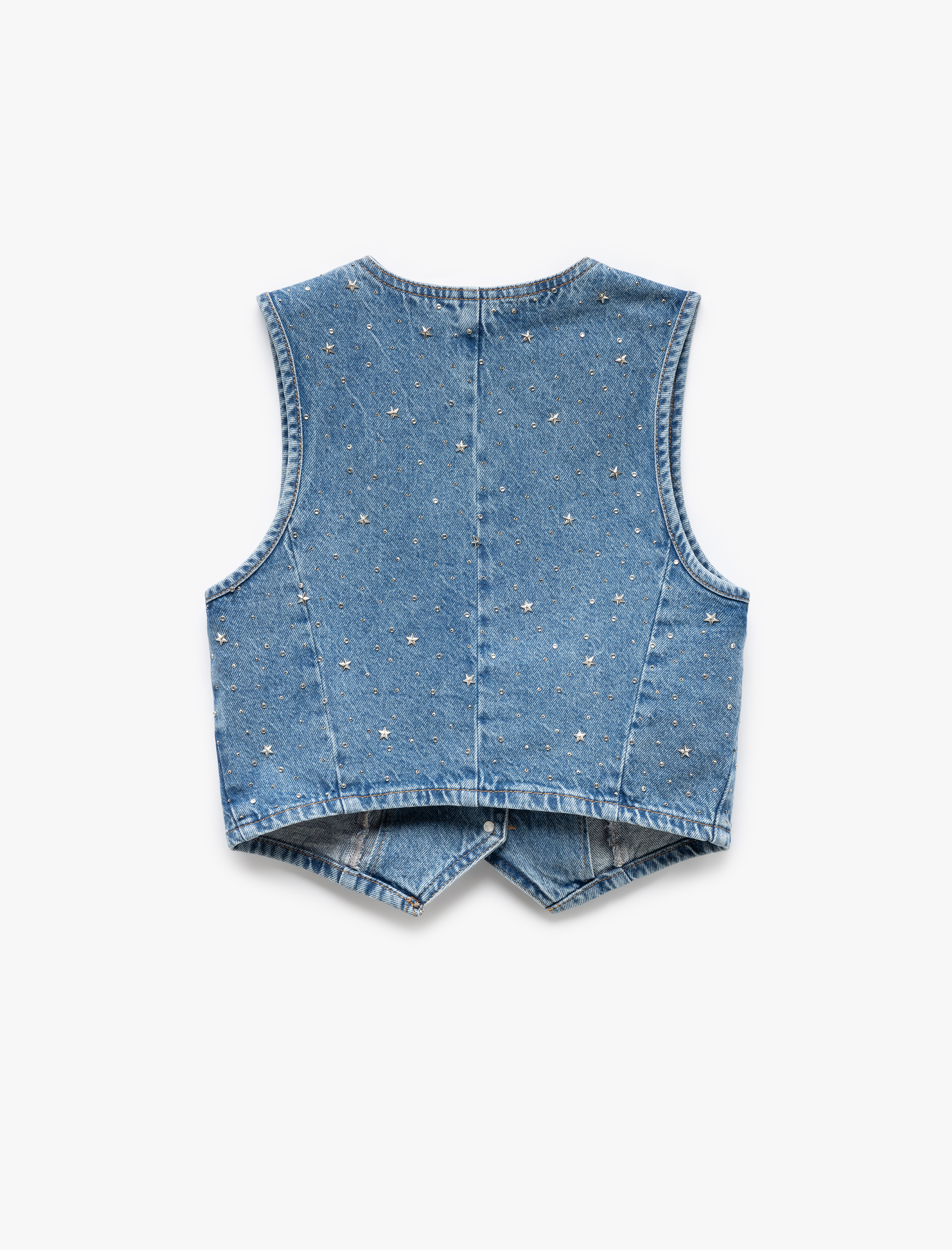   Taş Detaylı Kolsuz Pamuklu Crop Denim Yelek