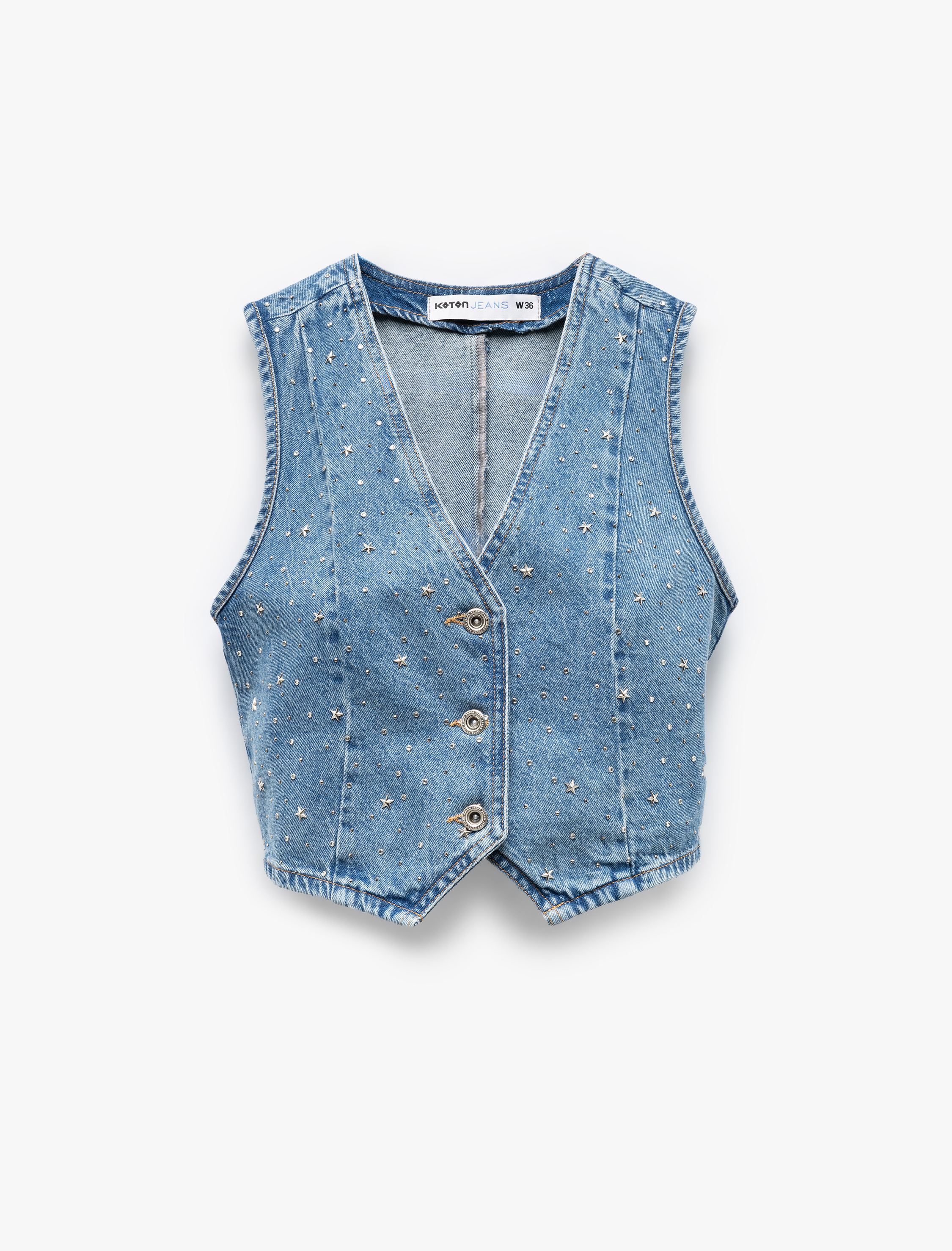   Taş Detaylı Kolsuz Pamuklu Crop Denim Yelek