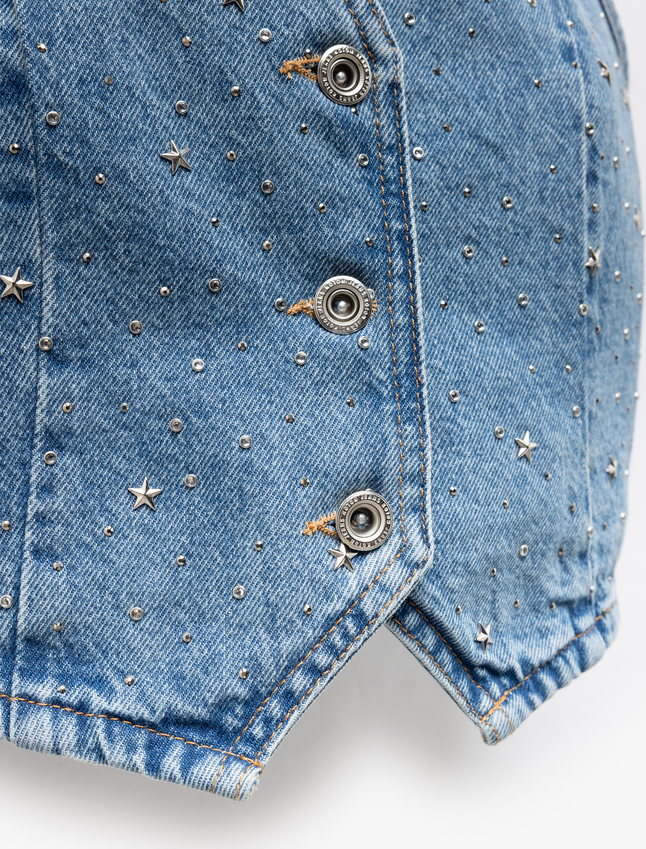   Taş Detaylı Kolsuz Pamuklu Crop Denim Yelek