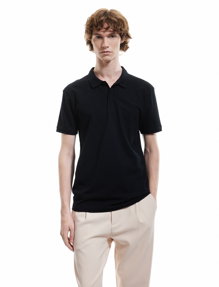  Kısa Kollu Pamuklu Pike Kumaş Polo Yaka Slim Fit Tişört