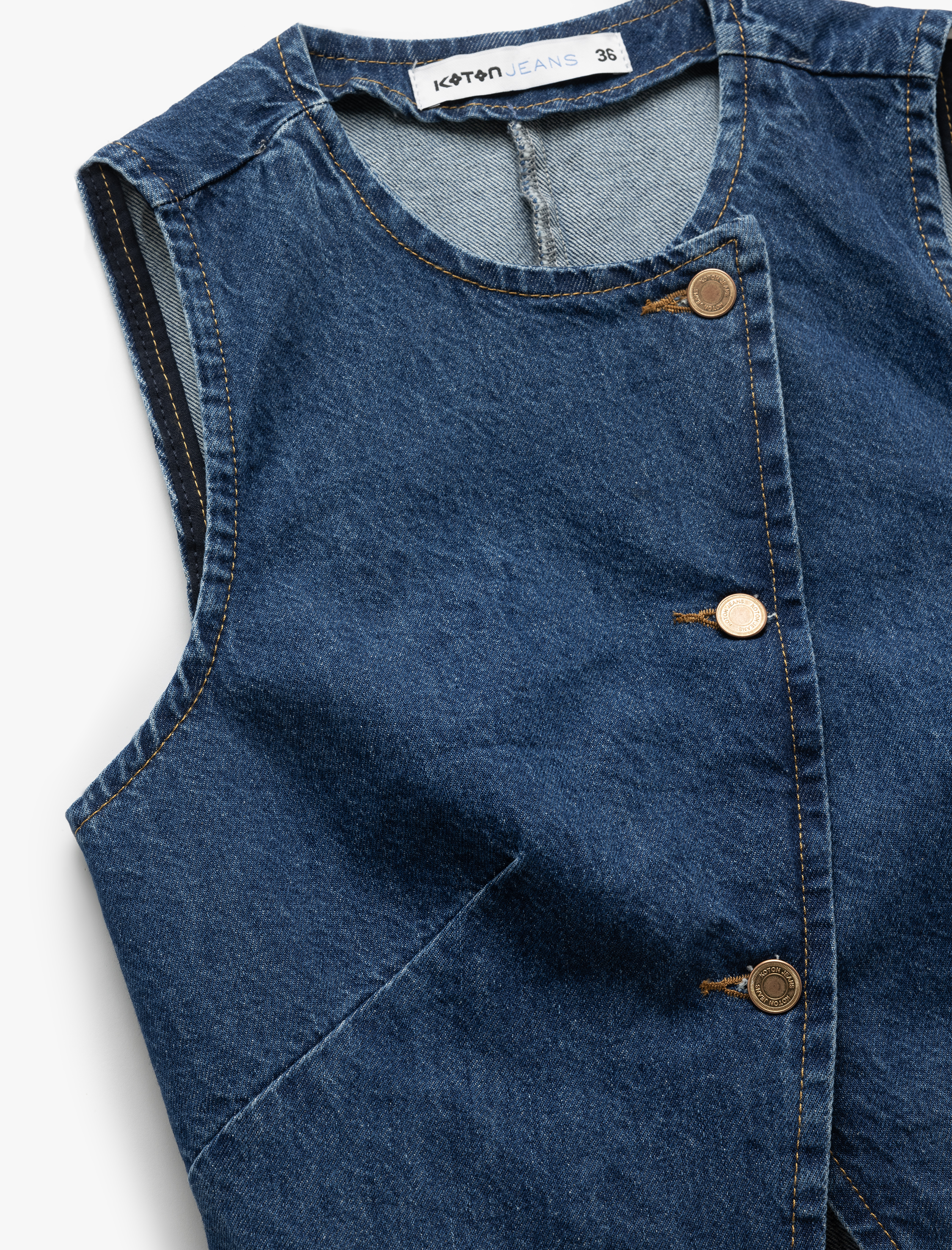   Pamuklu Kolsuz Düğmeli Kruvaze Yaka Denim Yelek