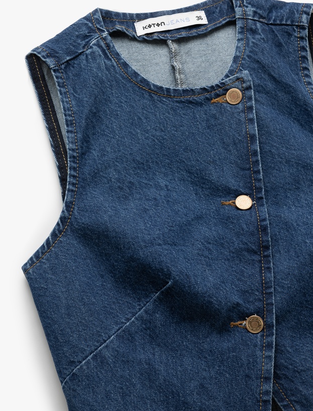 Pamuklu Kolsuz Düğmeli Kruvaze Yaka Denim Yelek_4