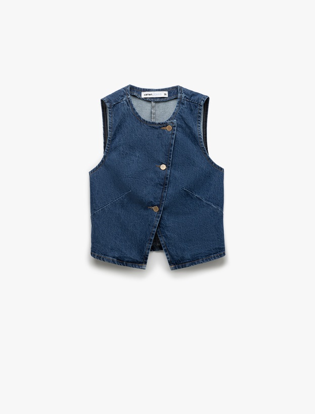 Pamuklu Kolsuz Düğmeli Kruvaze Yaka Denim Yelek_2