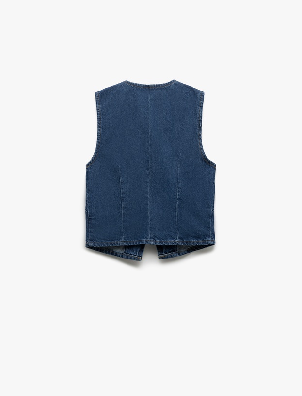 Pamuklu Kolsuz Düğmeli Kruvaze Yaka Denim Yelek_3