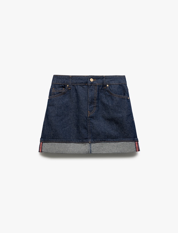 Katlı Cep Detaylı Dar Kesim Düğmeli Denim Etek_3