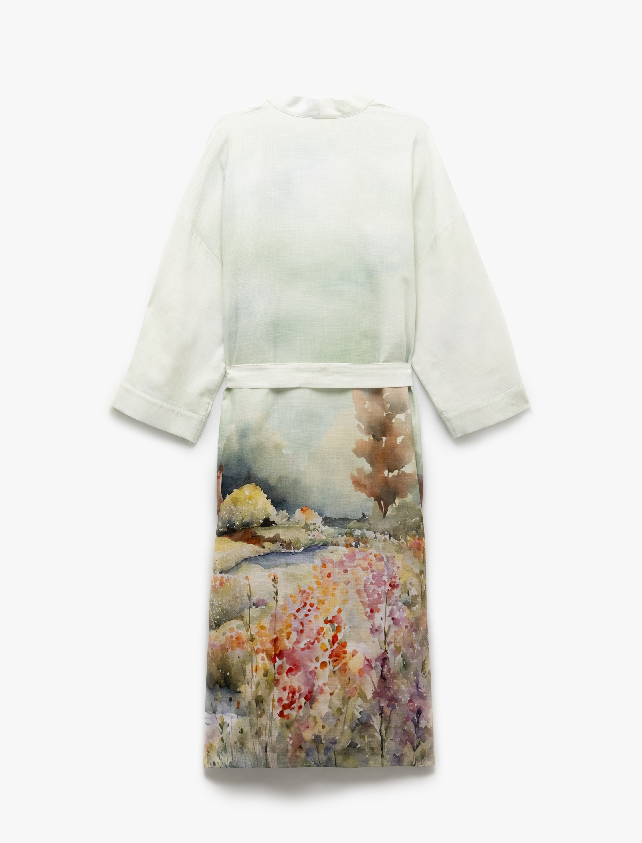   Viskon - Pamuk Kumaş Kuşak Detaylı Desenli Uzun Kimono