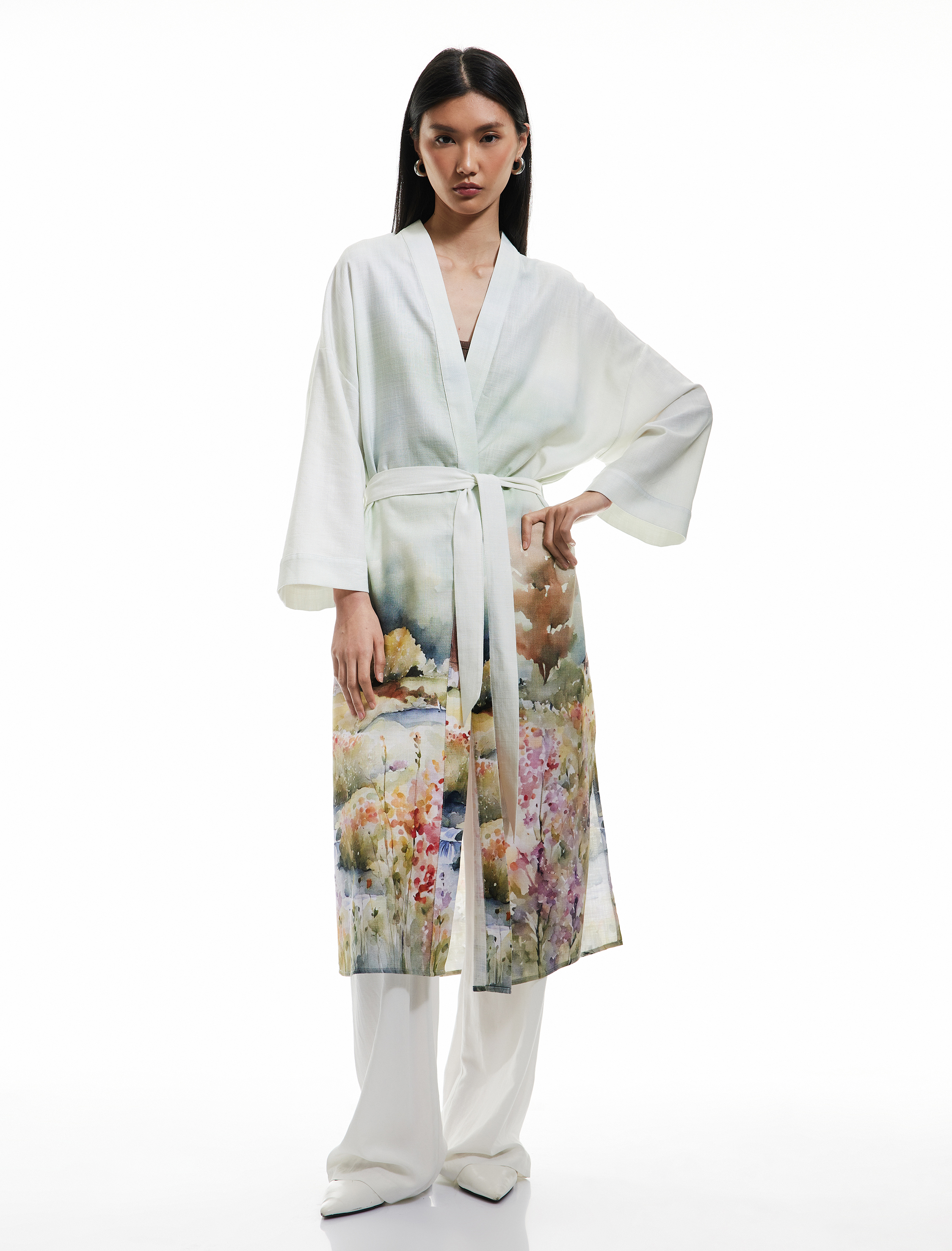 Koton Kadın Viskon - Pamuk Kumaş Kuşak Detaylı Desenli Uzun Kimono -1