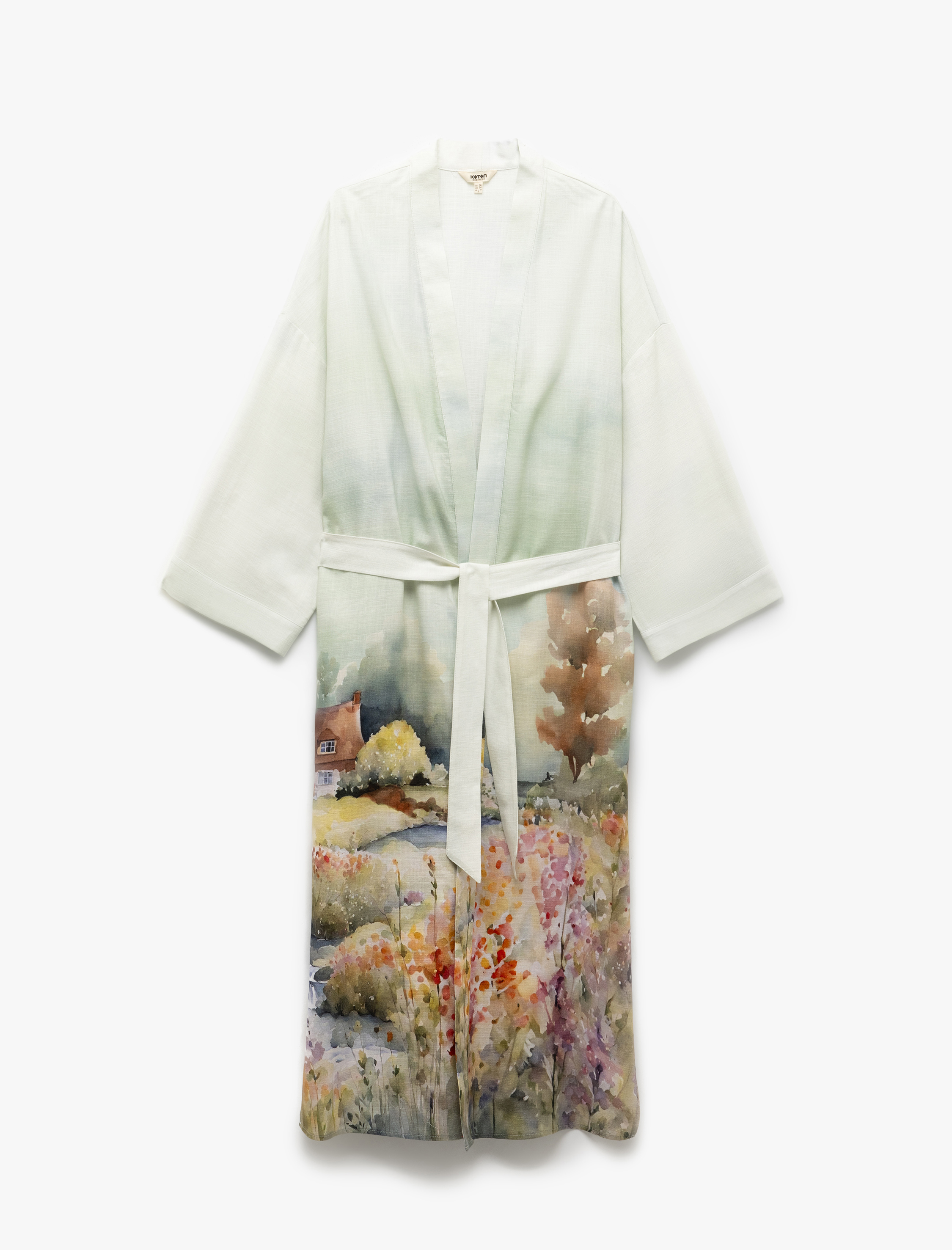   Viskon - Pamuk Kumaş Kuşak Detaylı Desenli Uzun Kimono