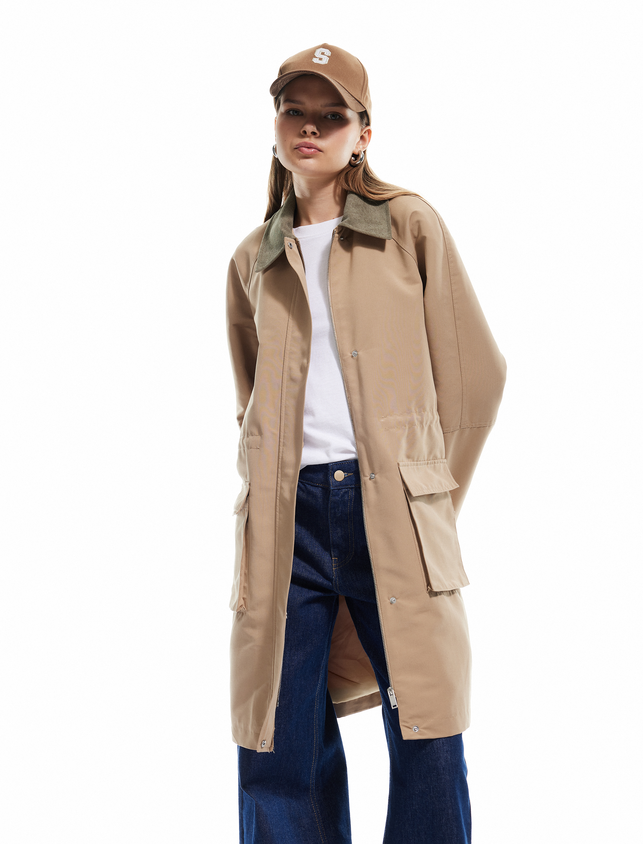 Fermuarlı Cepli Yaka Detaylı Uzun Trençkot