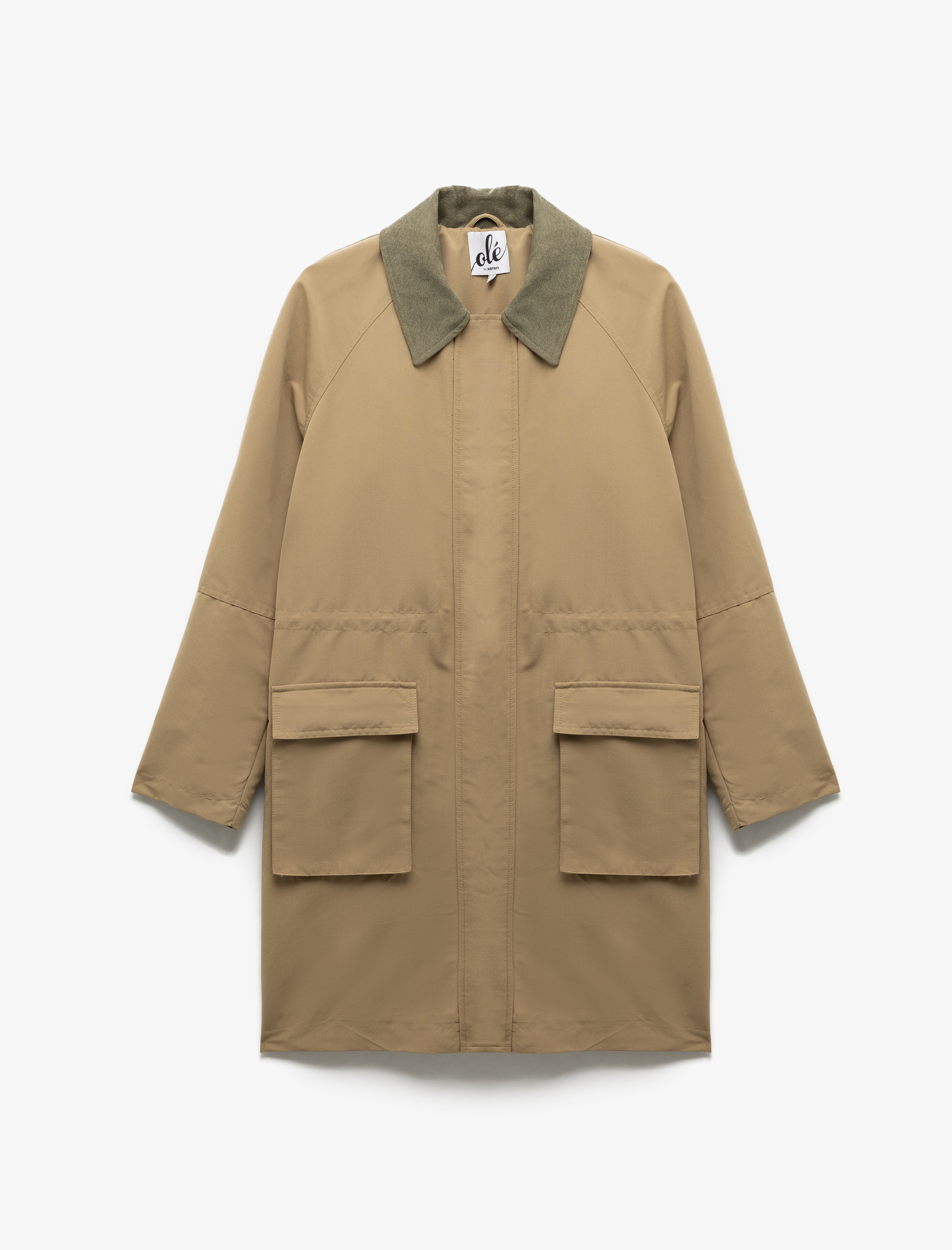 Fermuarlı Cepli Yaka Detaylı Uzun Trençkot