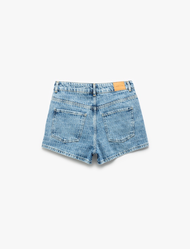 Normal Bel Taş Detaylı Pamuklu Mini Denim Şort_4