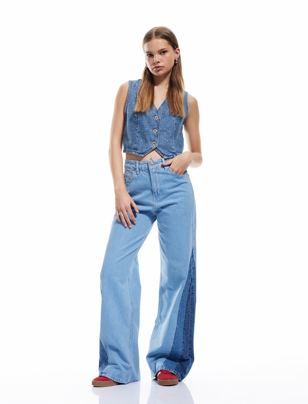 Yüksek Bel Geniş Paça Renk Bloklu Pamuklu Denim Pantolon- Wide Leg Jeans_0