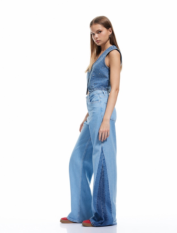 Yüksek Bel Geniş Paça Renk Bloklu Pamuklu Denim Pantolon- Wide Leg Jeans_1