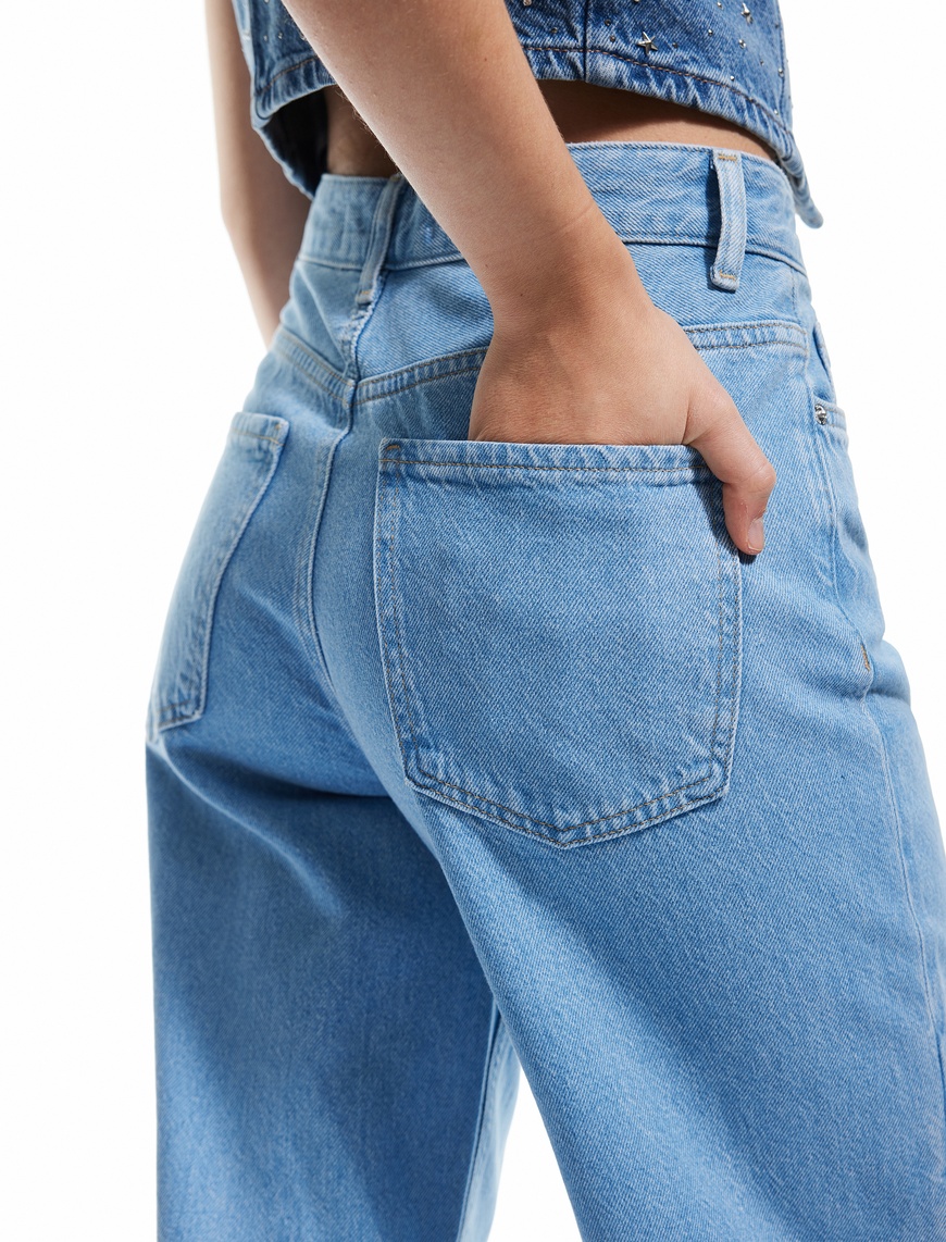   Yüksek Bel Geniş Paça Renk Bloklu Pamuklu Denim Pantolon- Wide Leg Jeans