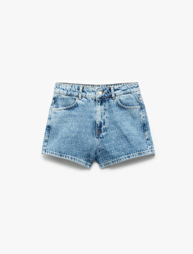 Normal Bel Taş Detaylı Pamuklu Mini Denim Şort_3