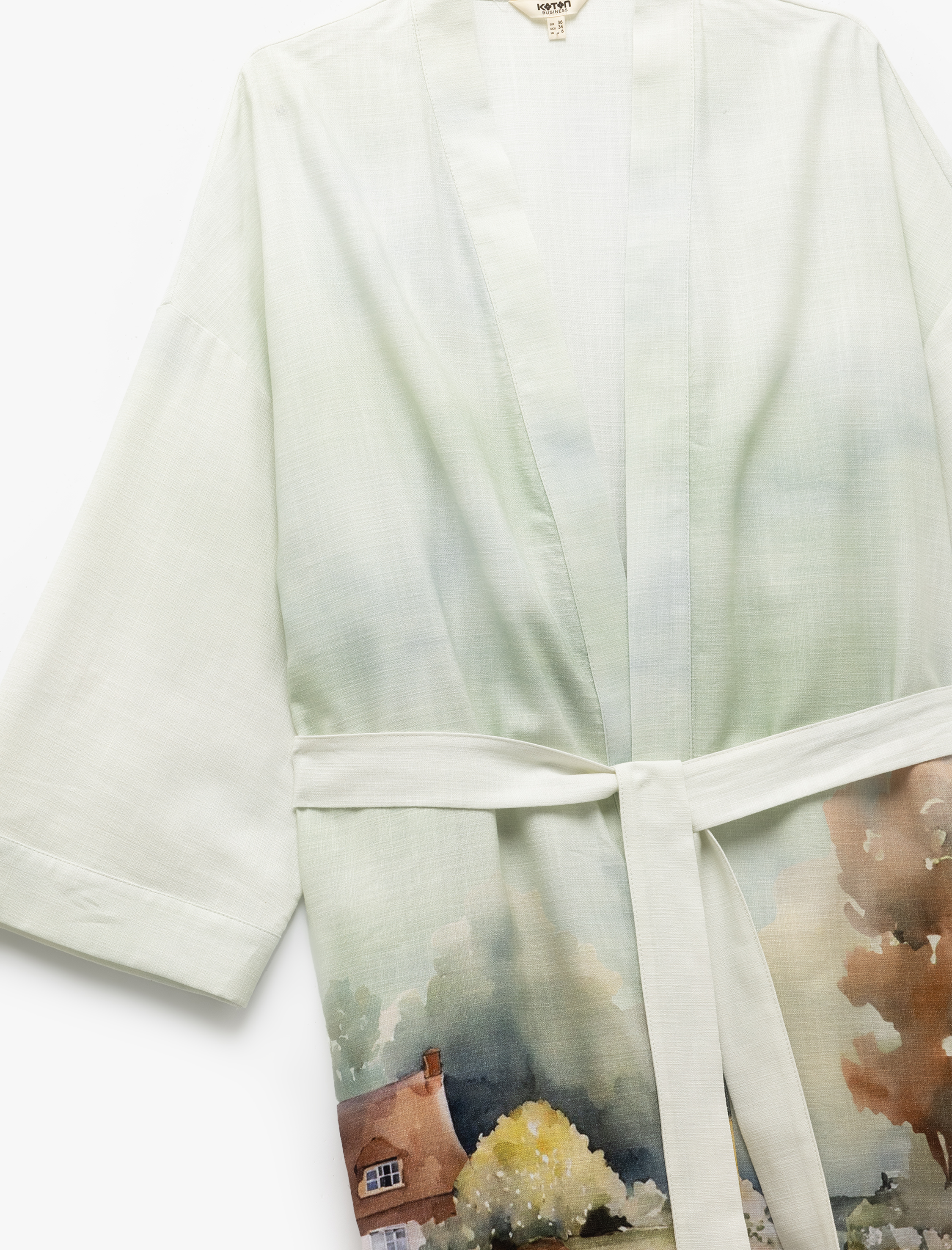   Viskon - Pamuk Kumaş Kuşak Detaylı Desenli Uzun Kimono