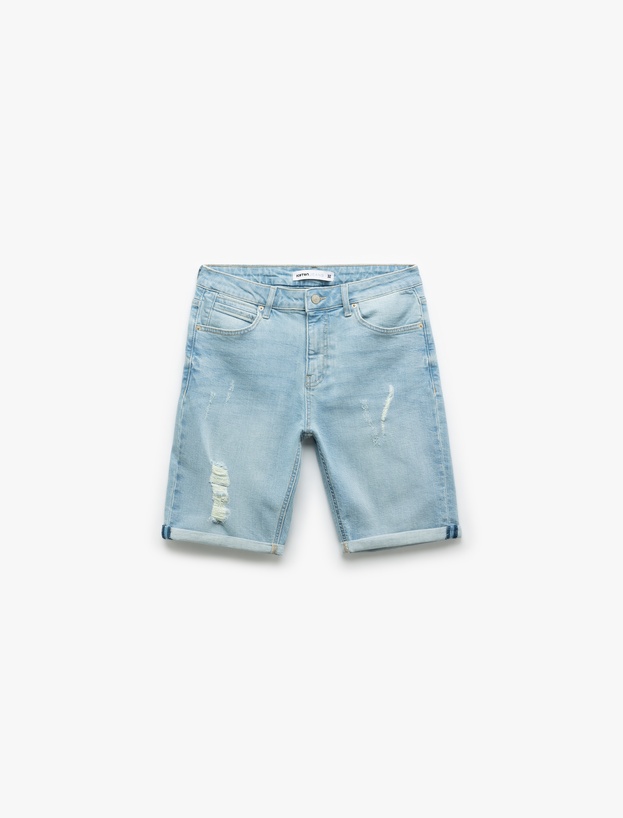 Slim Fit Pamuklu Katlamalı Paça Denim Şort_3
