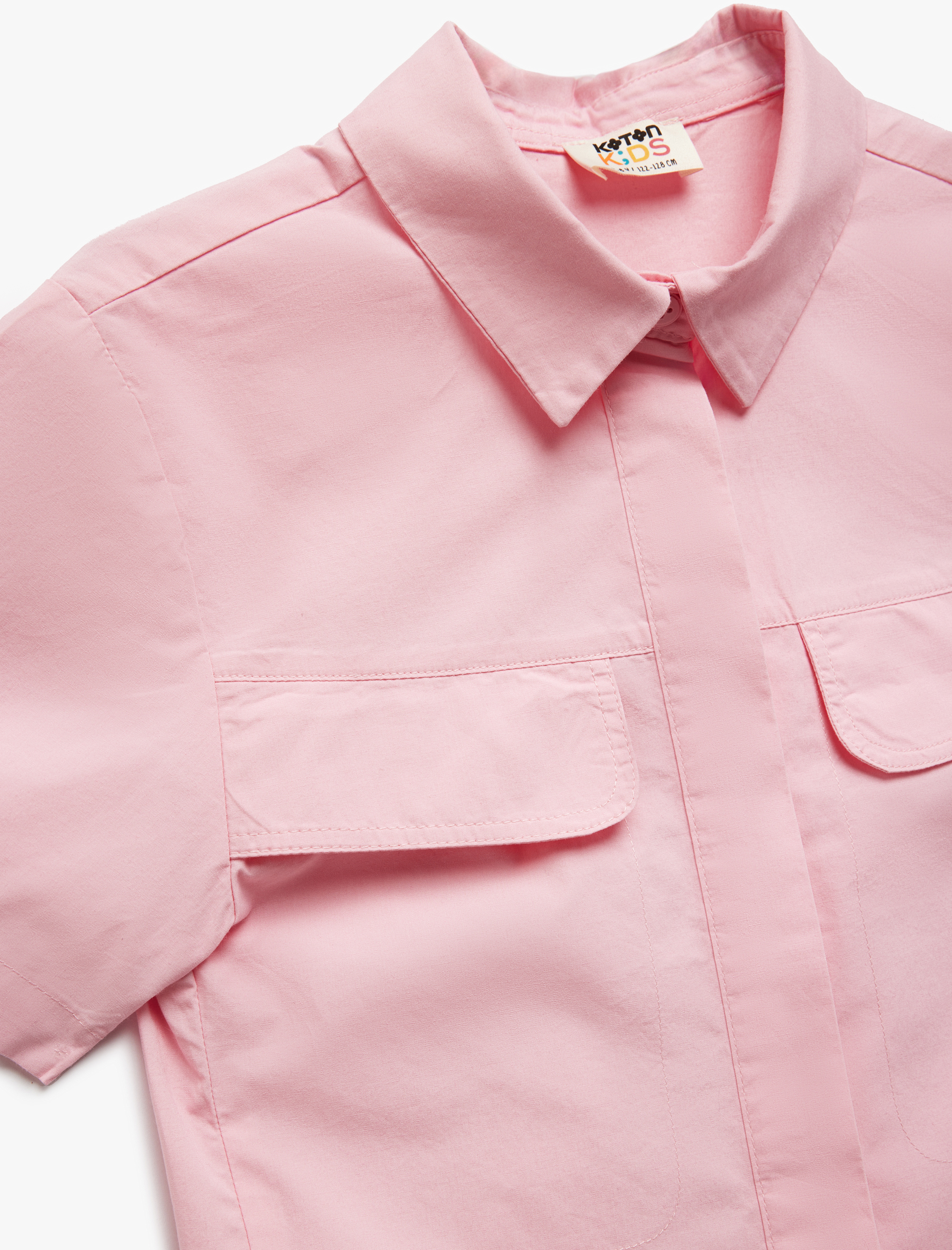  Kız Çocuk Pamuklu Kısa Kollu Cep Detaylı Oversize Gömlek