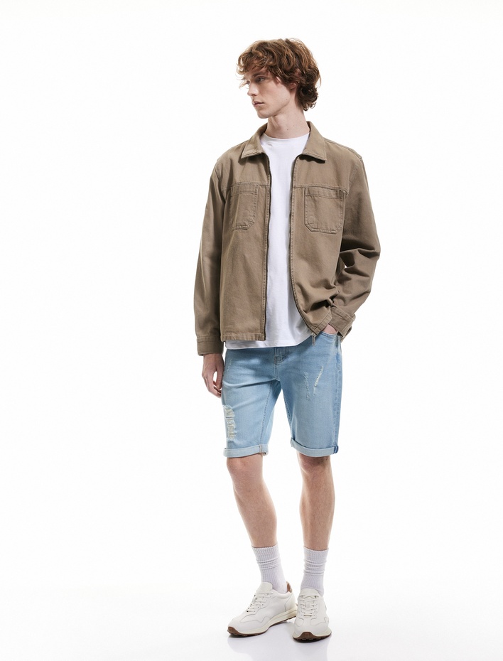  Slim Fit Pamuklu Katlamalı Paça Denim Şort