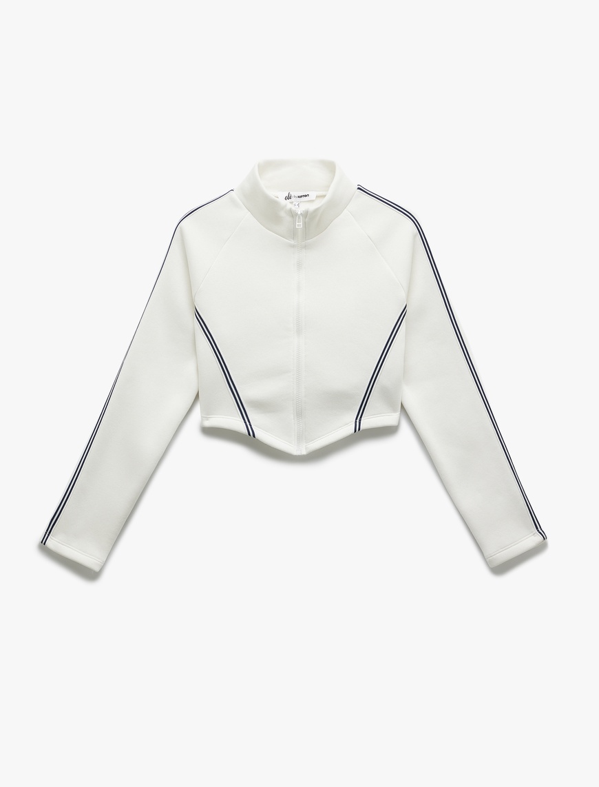   Şerit Detaylı Dik Yaka Üç İplik Şardonlu Fermuarlı Crop Sweatshirt