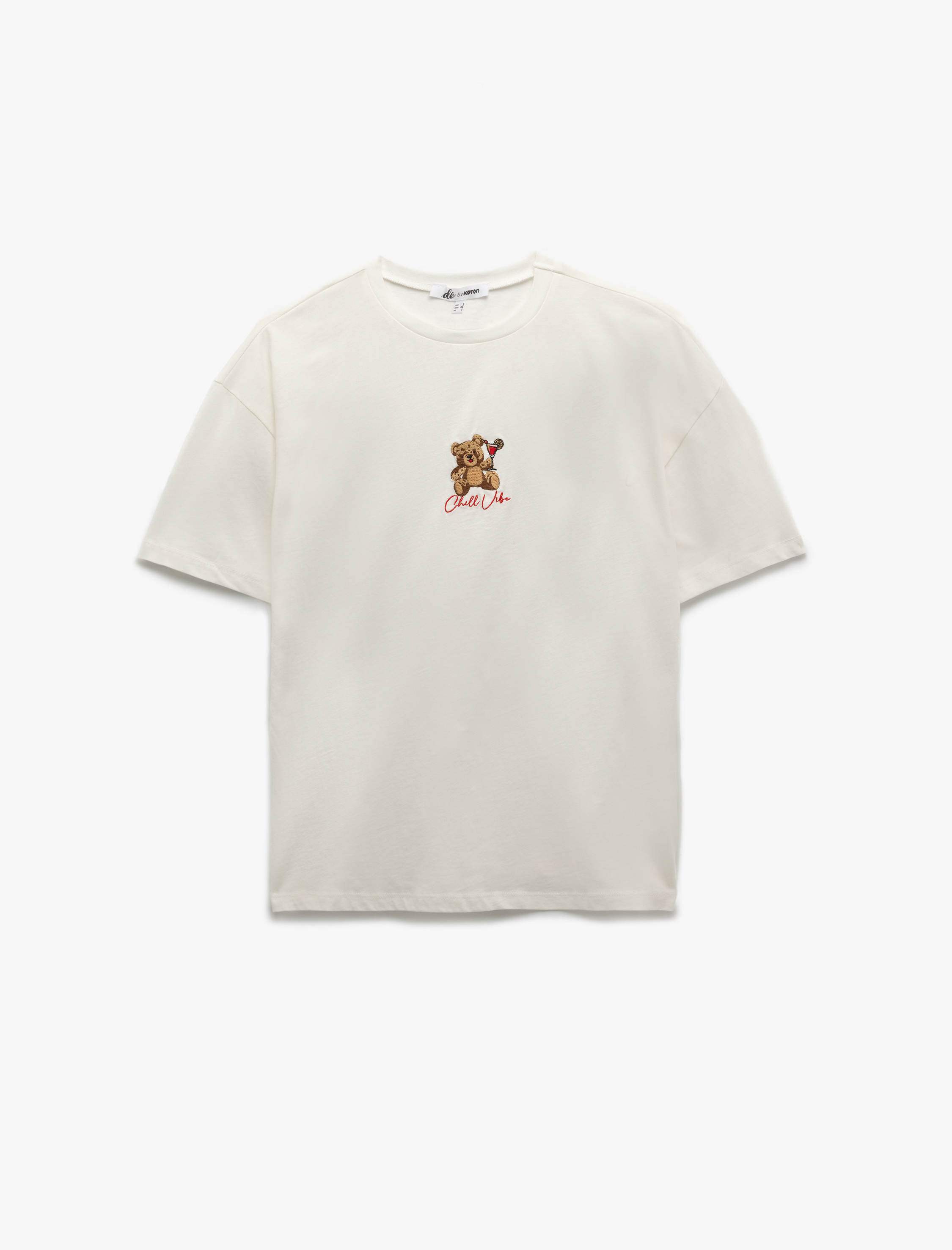   Ayıcık Nakış Detaylı Pamuklu Bisiklet Yaka Kısa Kollu Oversize Tişört