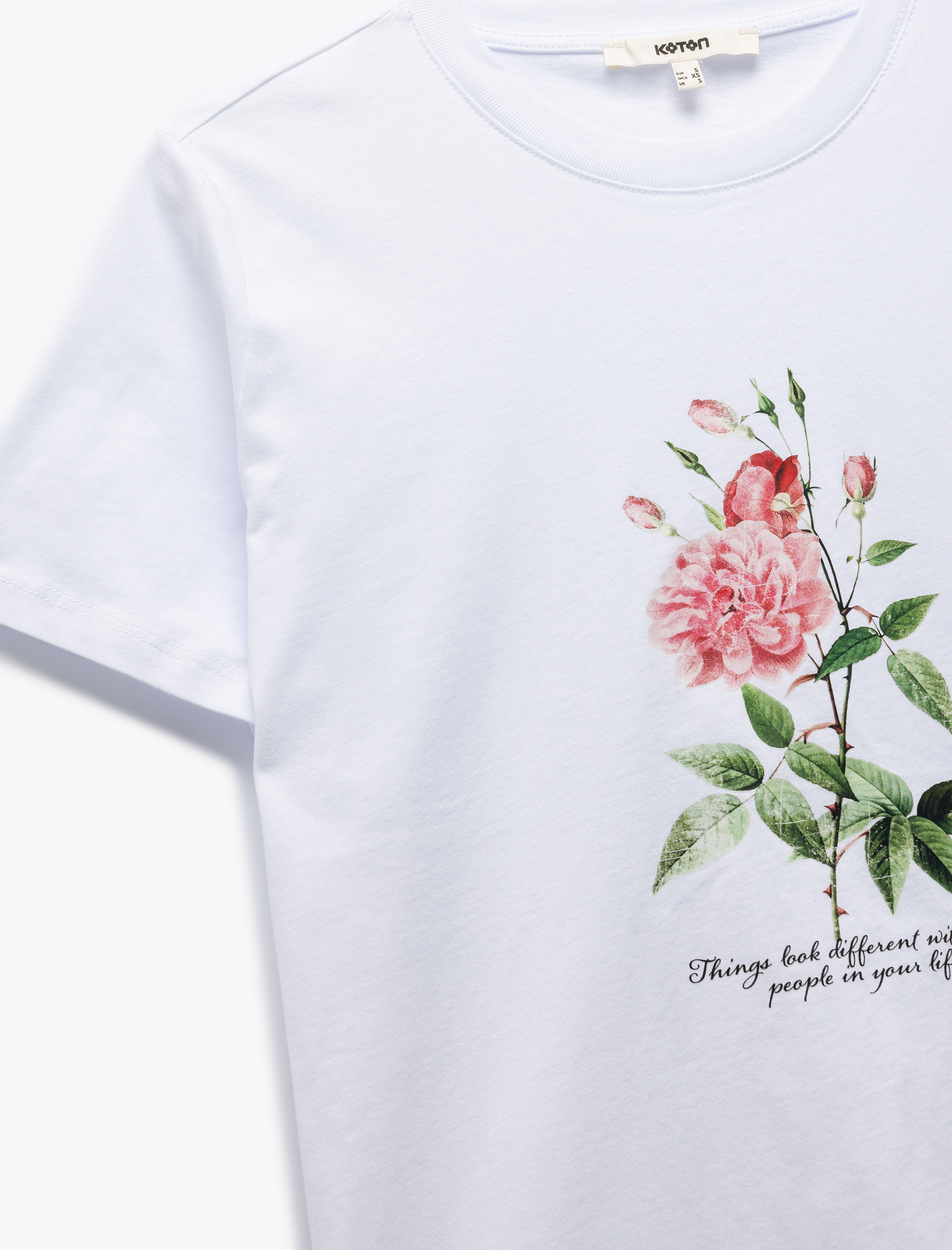   Pamuklu Kısa Kollu Bisiklet Yaka Çiçek Baskılı Tişört