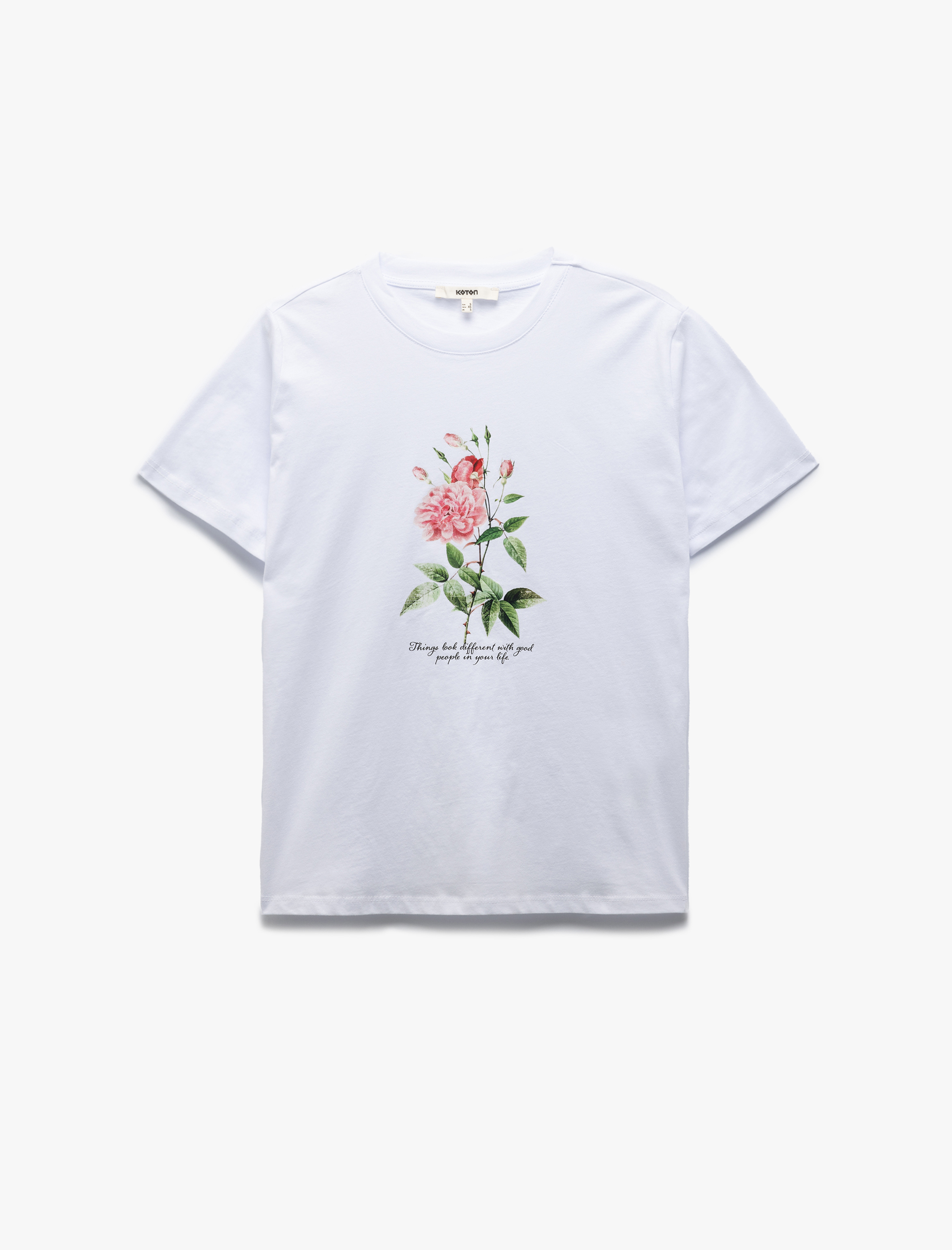   Pamuklu Kısa Kollu Bisiklet Yaka Çiçek Baskılı Tişört