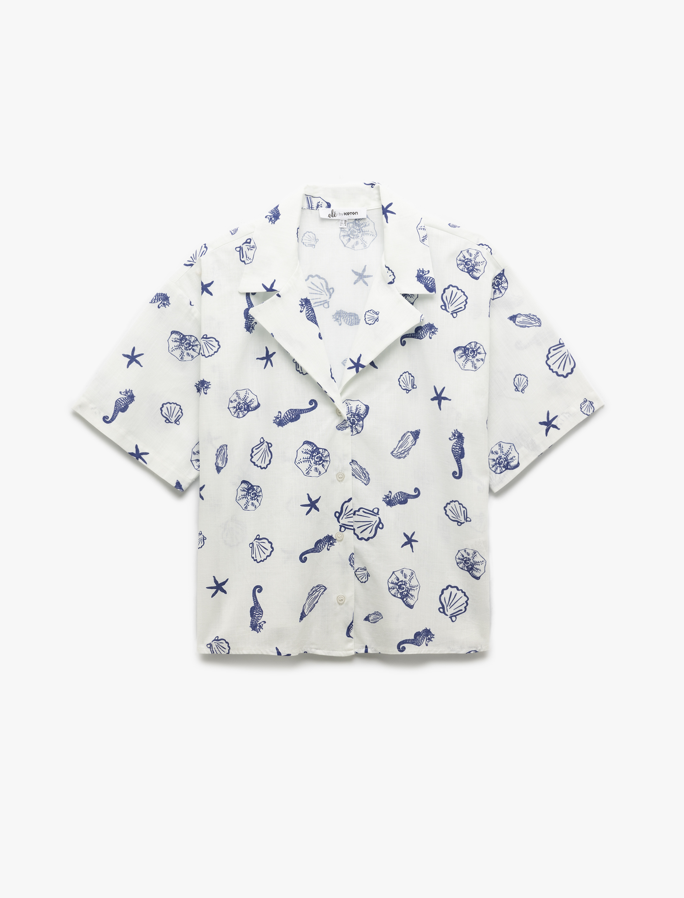   Devrik Yaka Kısa Kollu Deniz Kabuğu Detaylı Oversize Gömlek