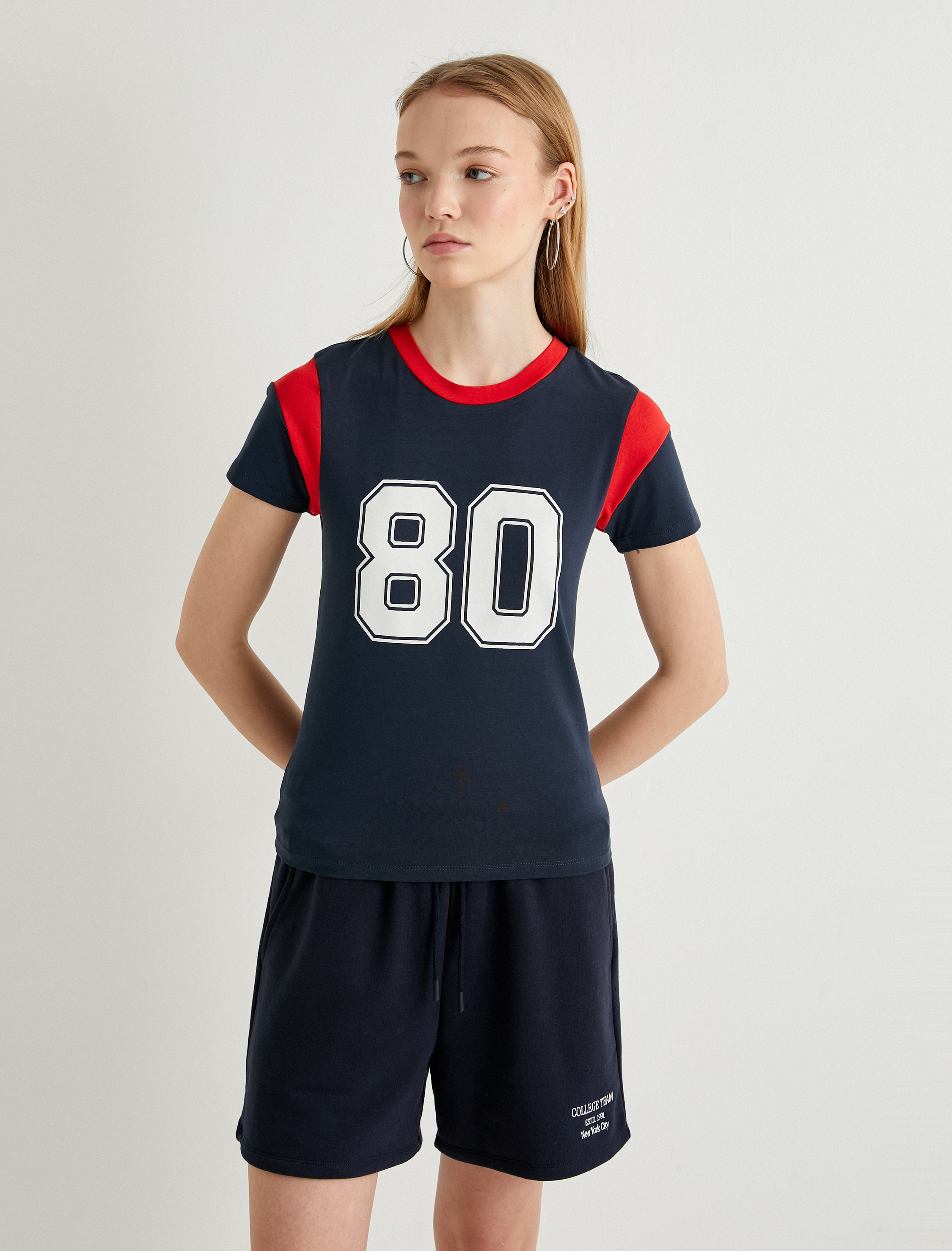   Renk Bloklu Tişört Kısa Kollu Bisiklet Yaka Pamuklu Slim Fit