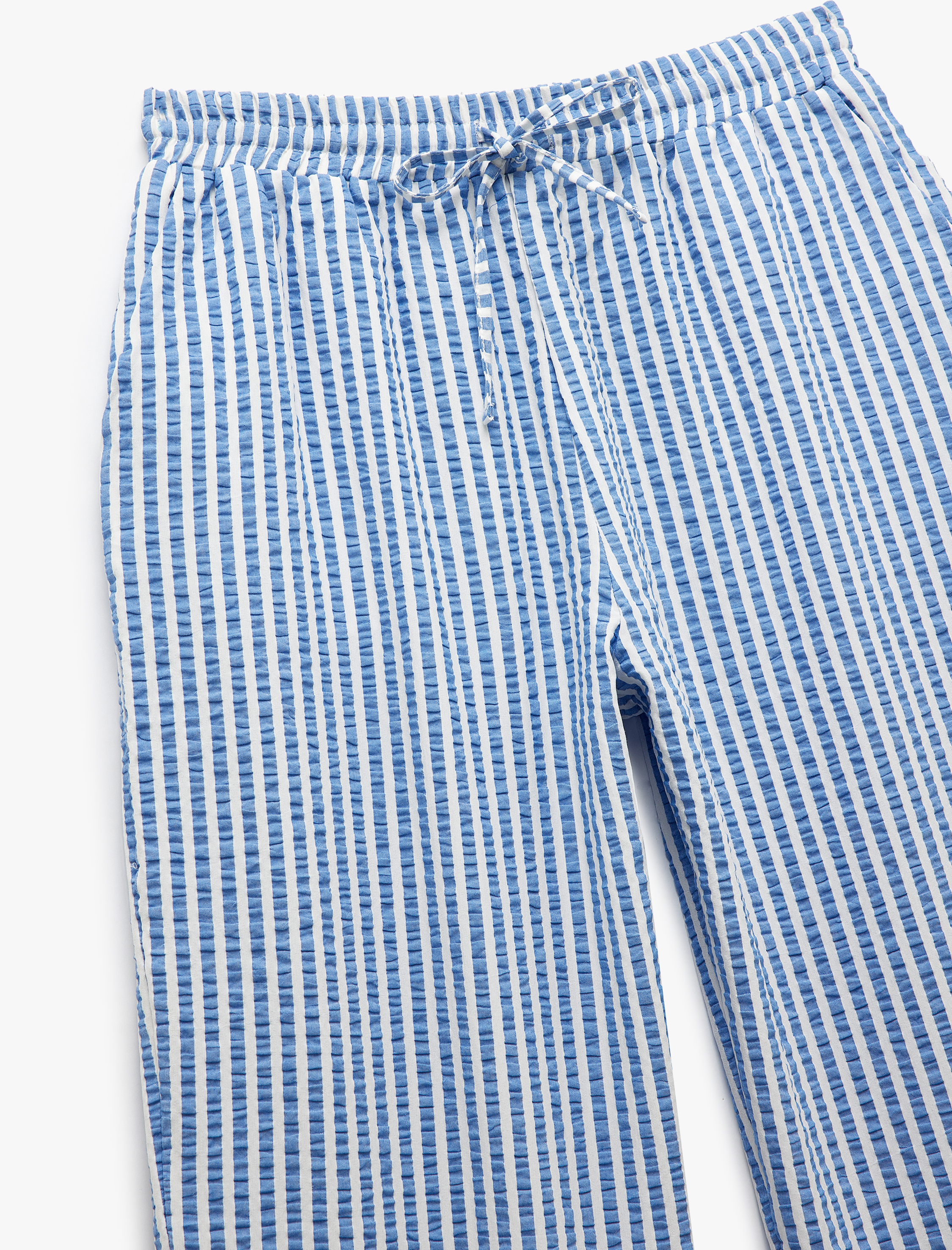 Çizgili Beli Bağcıklı Cepli Düz Kesim Viskon Karışımlı Pantolon