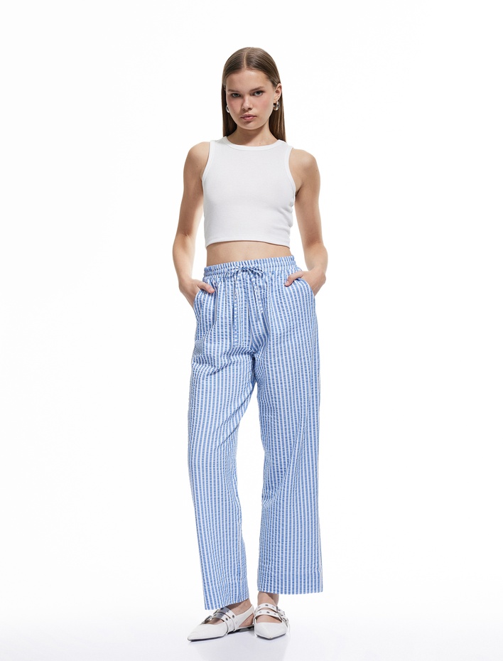  Çizgili Beli Bağcıklı Cepli Düz Kesim Viskon Karışımlı Pantolon