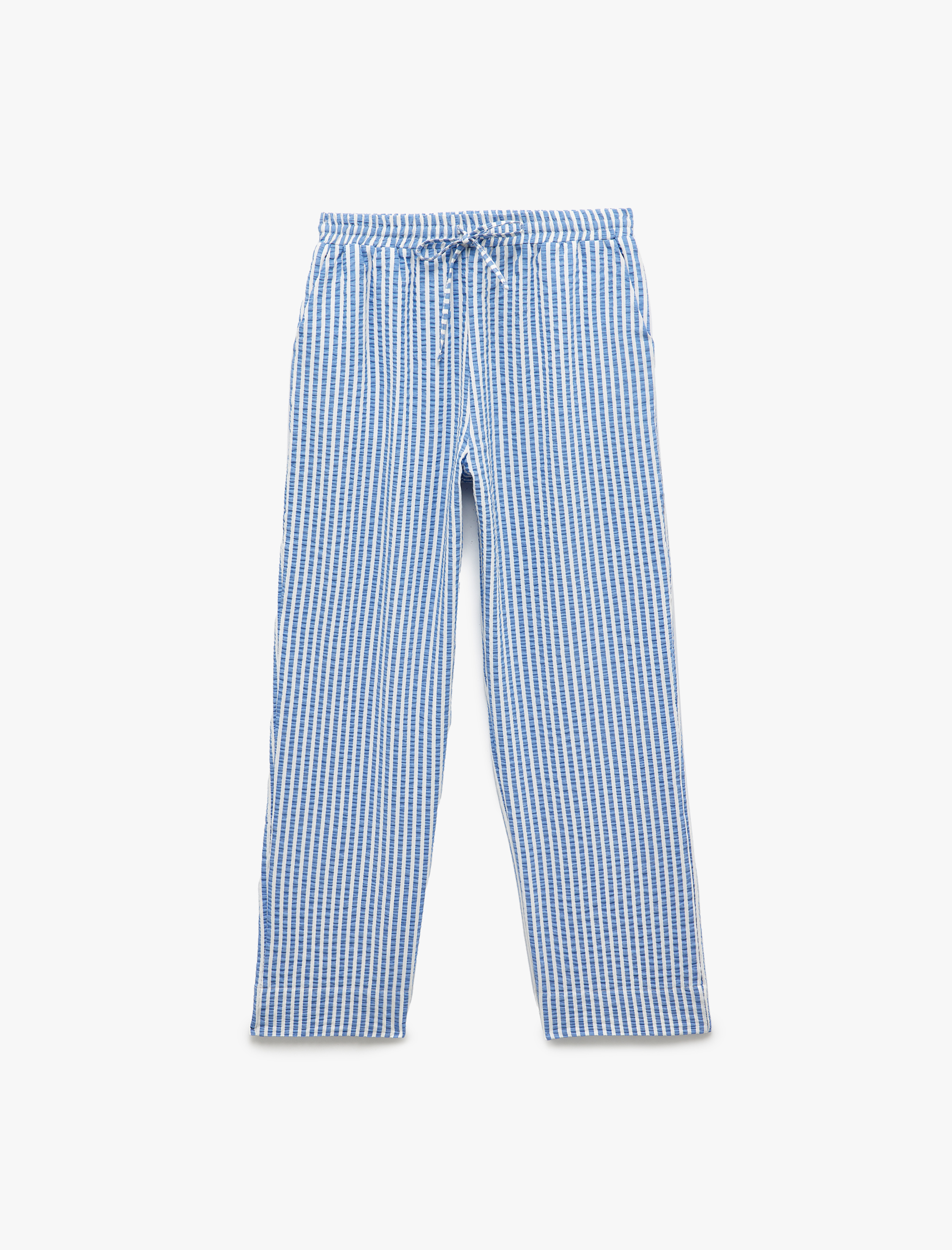 Çizgili Beli Bağcıklı Cepli Düz Kesim Viskon Karışımlı Pantolon