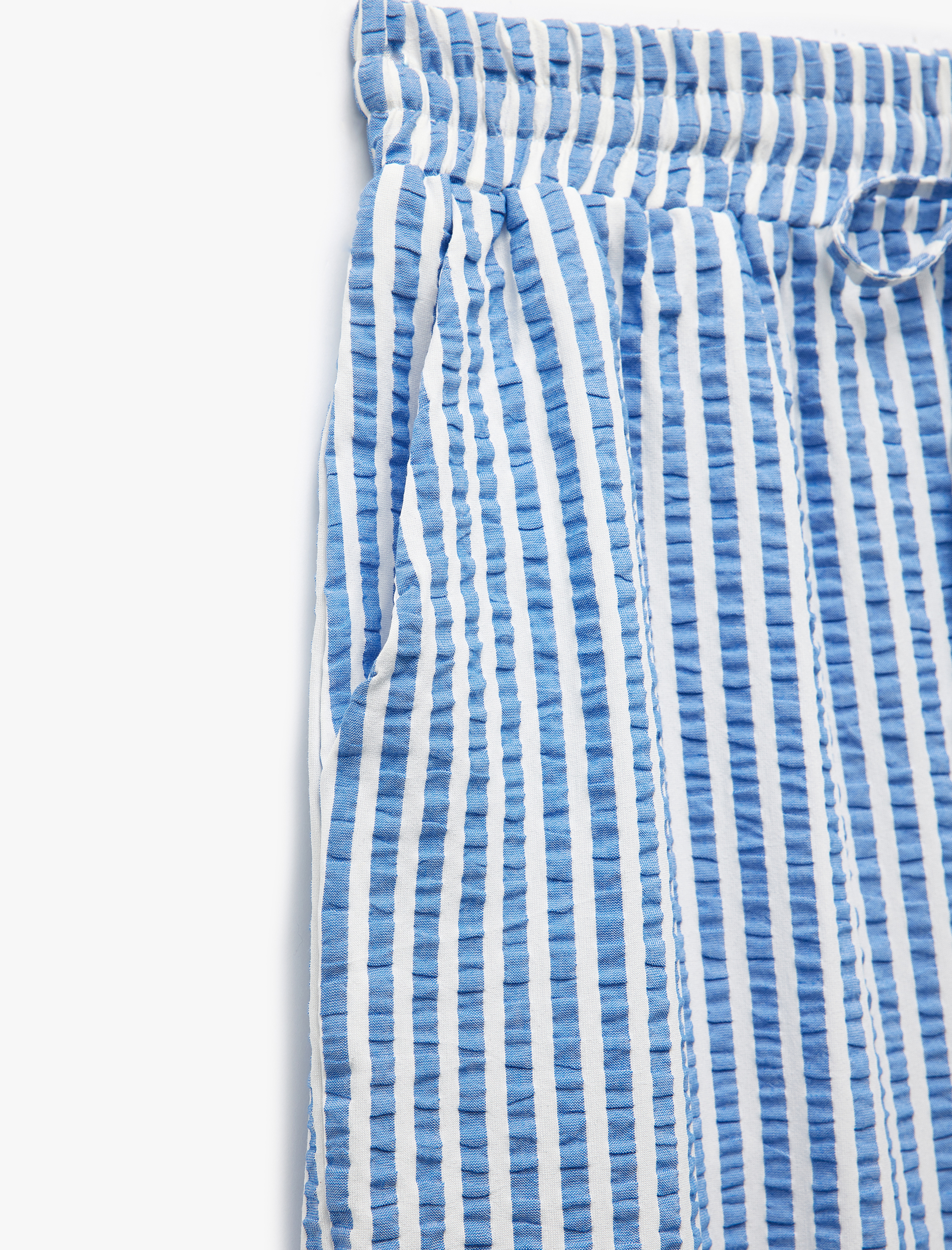 Çizgili Beli Bağcıklı Cepli Düz Kesim Viskon Karışımlı Pantolon