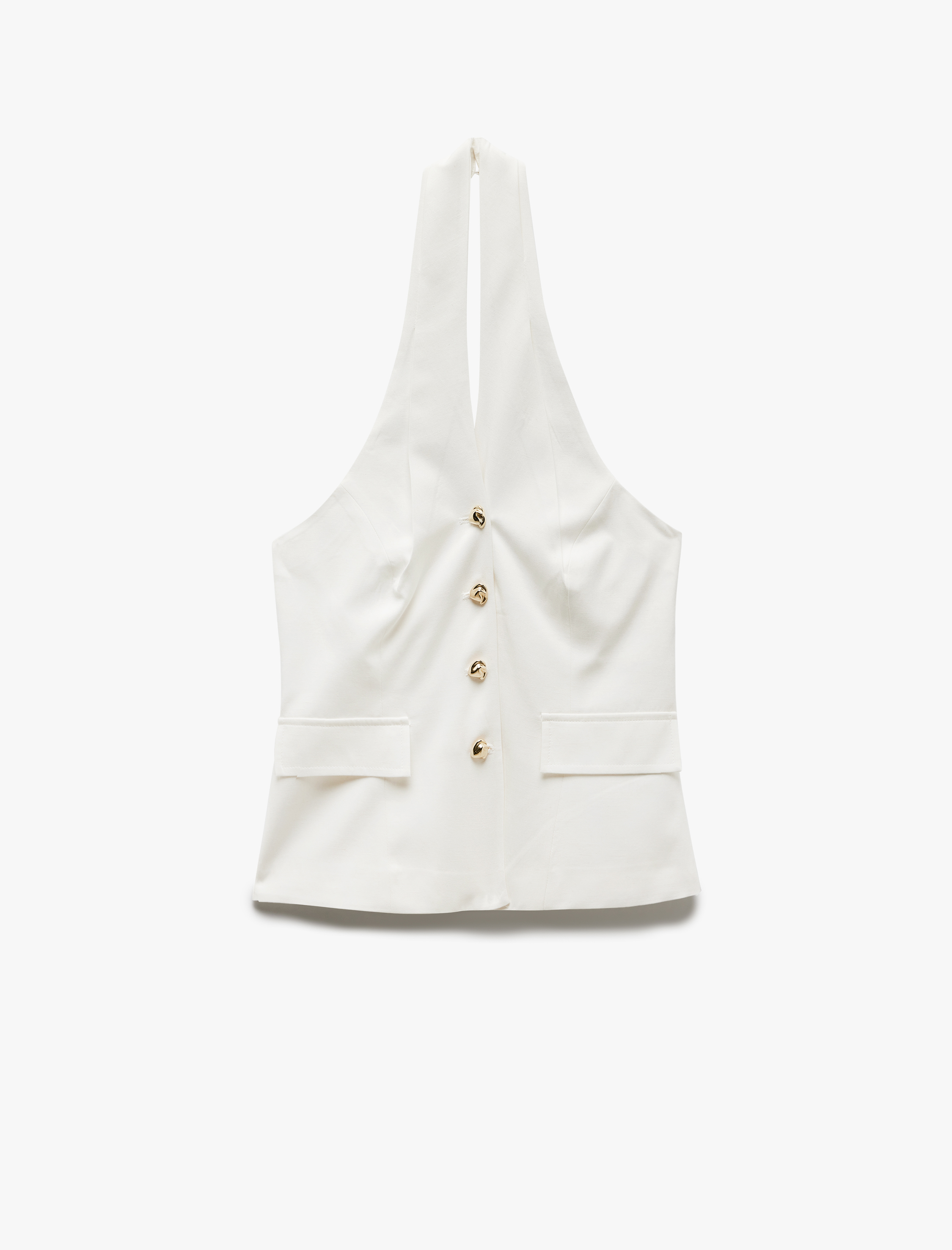   Keten Karışımlı Düğmeli Sırt Dekolteli Halter Yaka Yelek