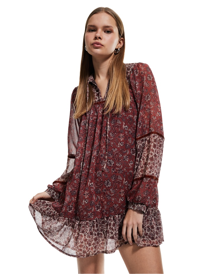  Bağlamalı Yaka Katlı Uzun Kollu Etnik Desenli Mini Elbise