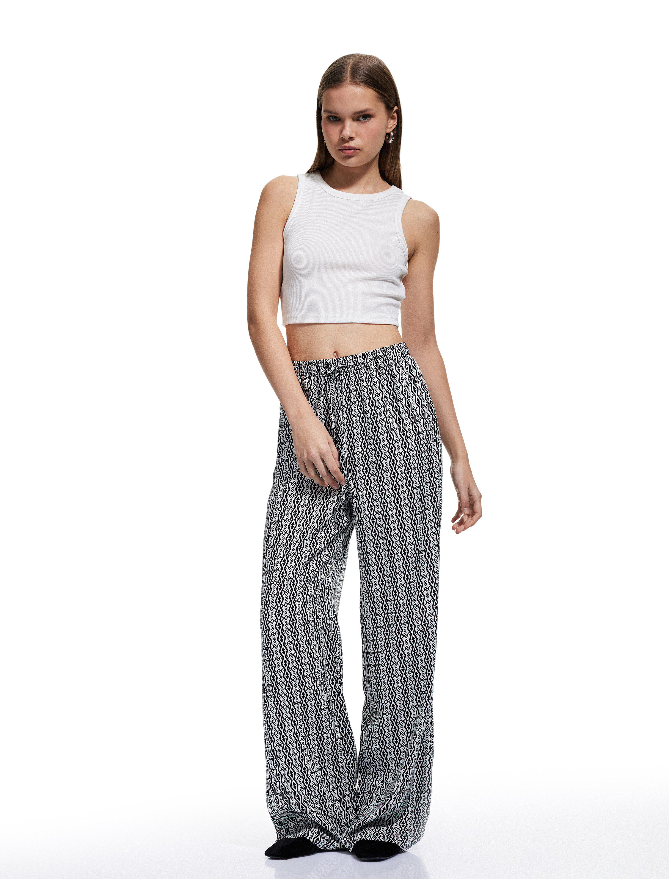 Koton Kadın Beli Bağcıklı Viskon Düz Paça Pantolon -1