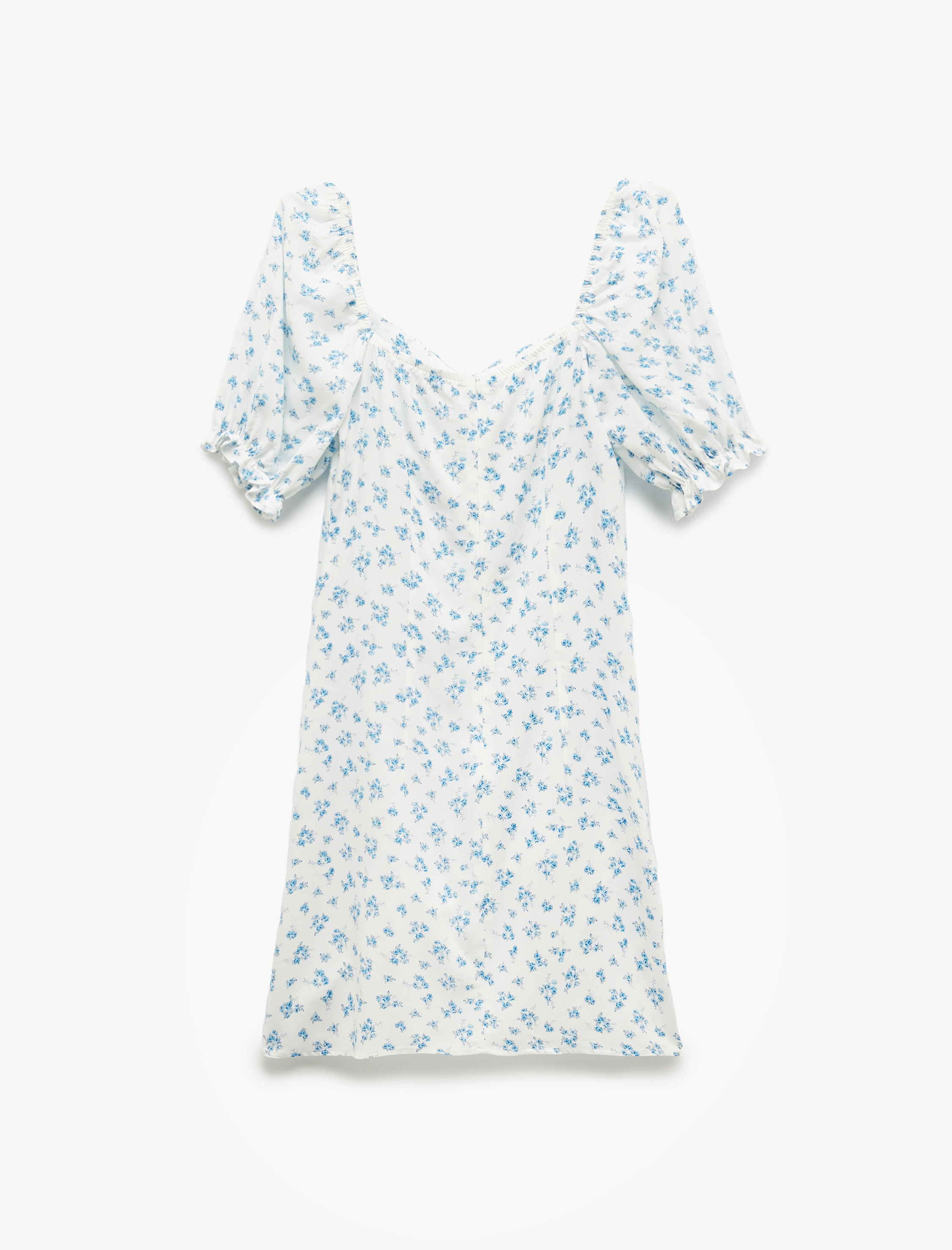   Viskon Kalp Yaka Balon Kol A Kesim Slim Fit Mini Çiçekli Elbise