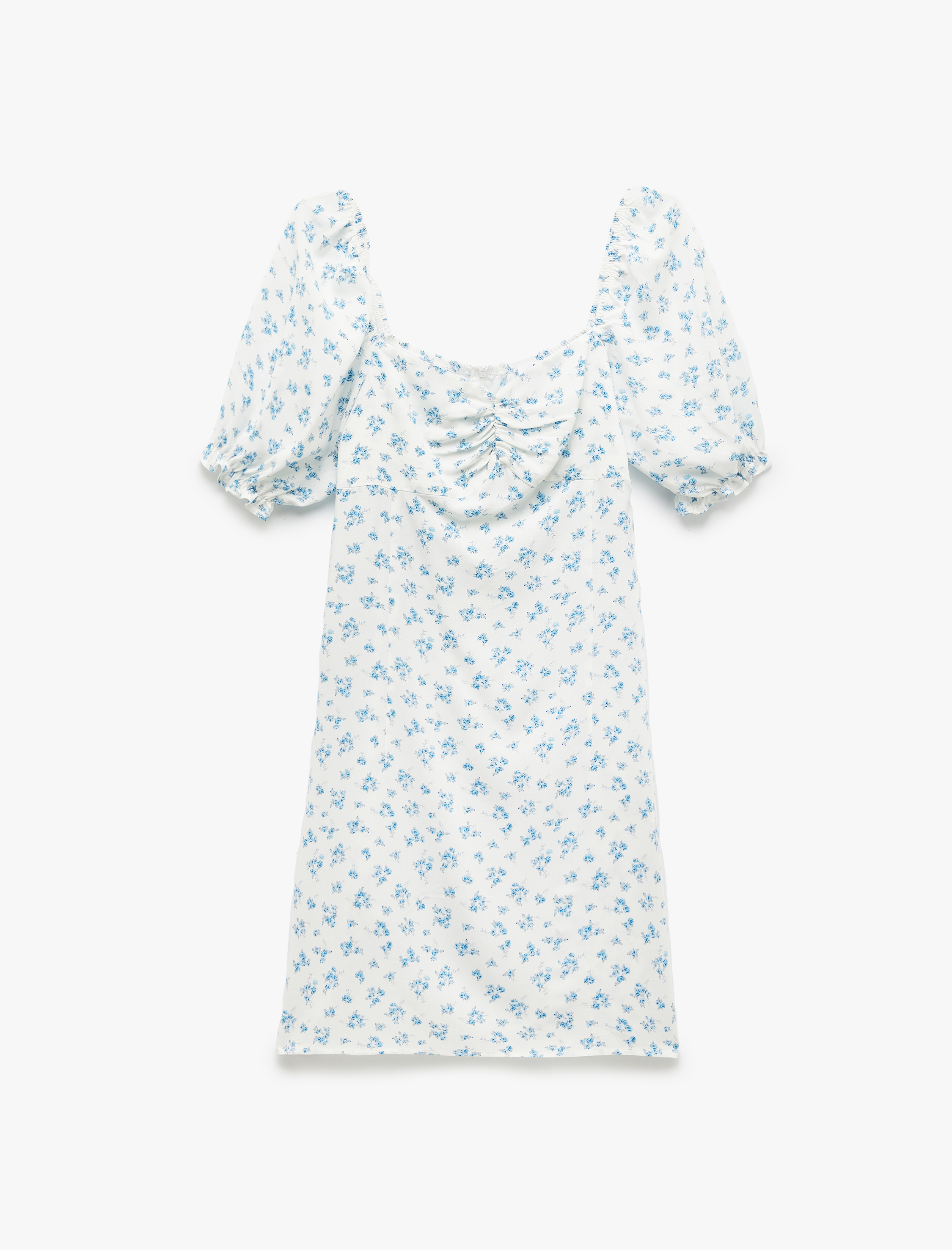   Viskon Kalp Yaka Balon Kol A Kesim Slim Fit Mini Çiçekli Elbise