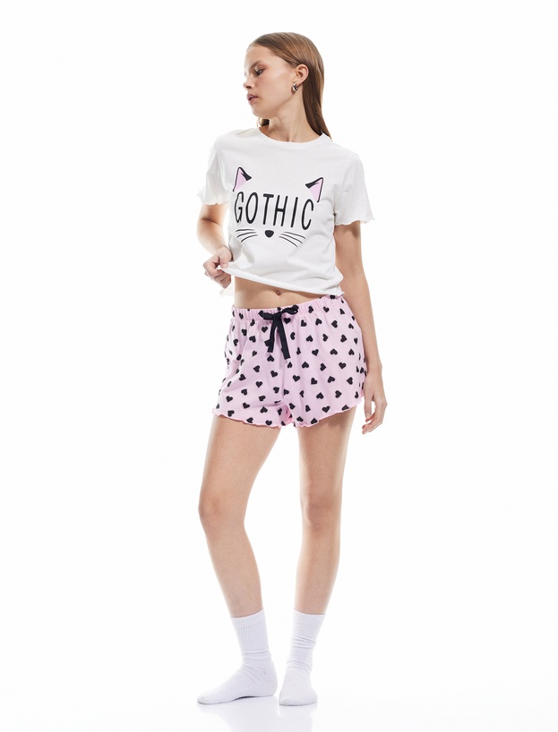 Pamuklu Kısa Kollu Kedi Temalı Kalp Baskılı Şort Pijama Takımı_1