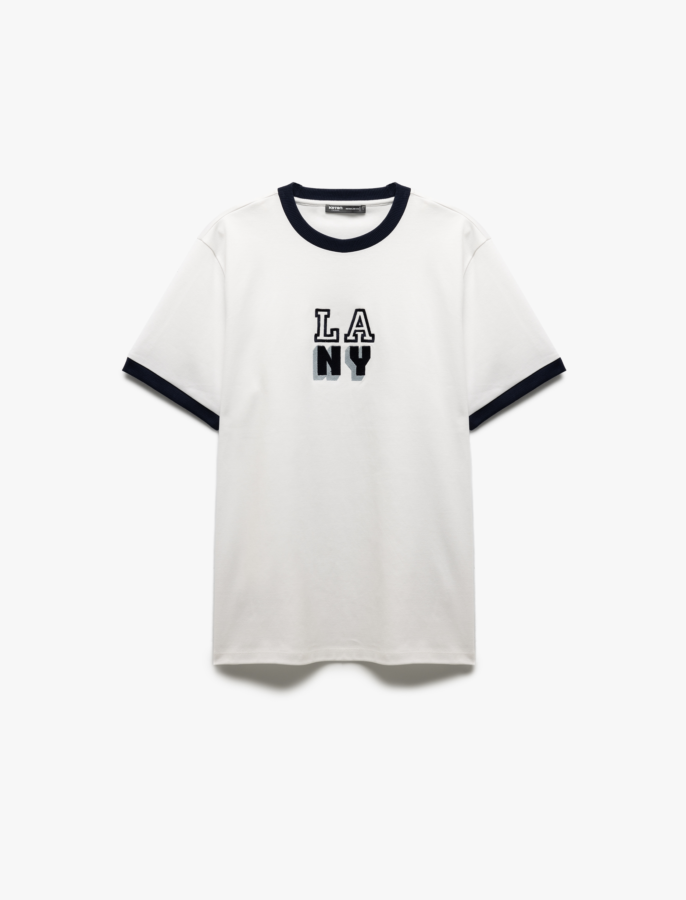   Pamuklu Kontrast Detaylı Regular Fit Tok Kumaş Kısa Kollu Bisiklet Yaka Baskılı Tişört