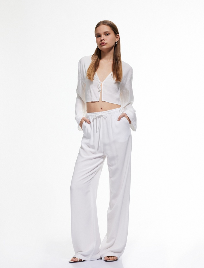  Beli Bağcıklı Cepli Geniş Paça Viskon Pantolon