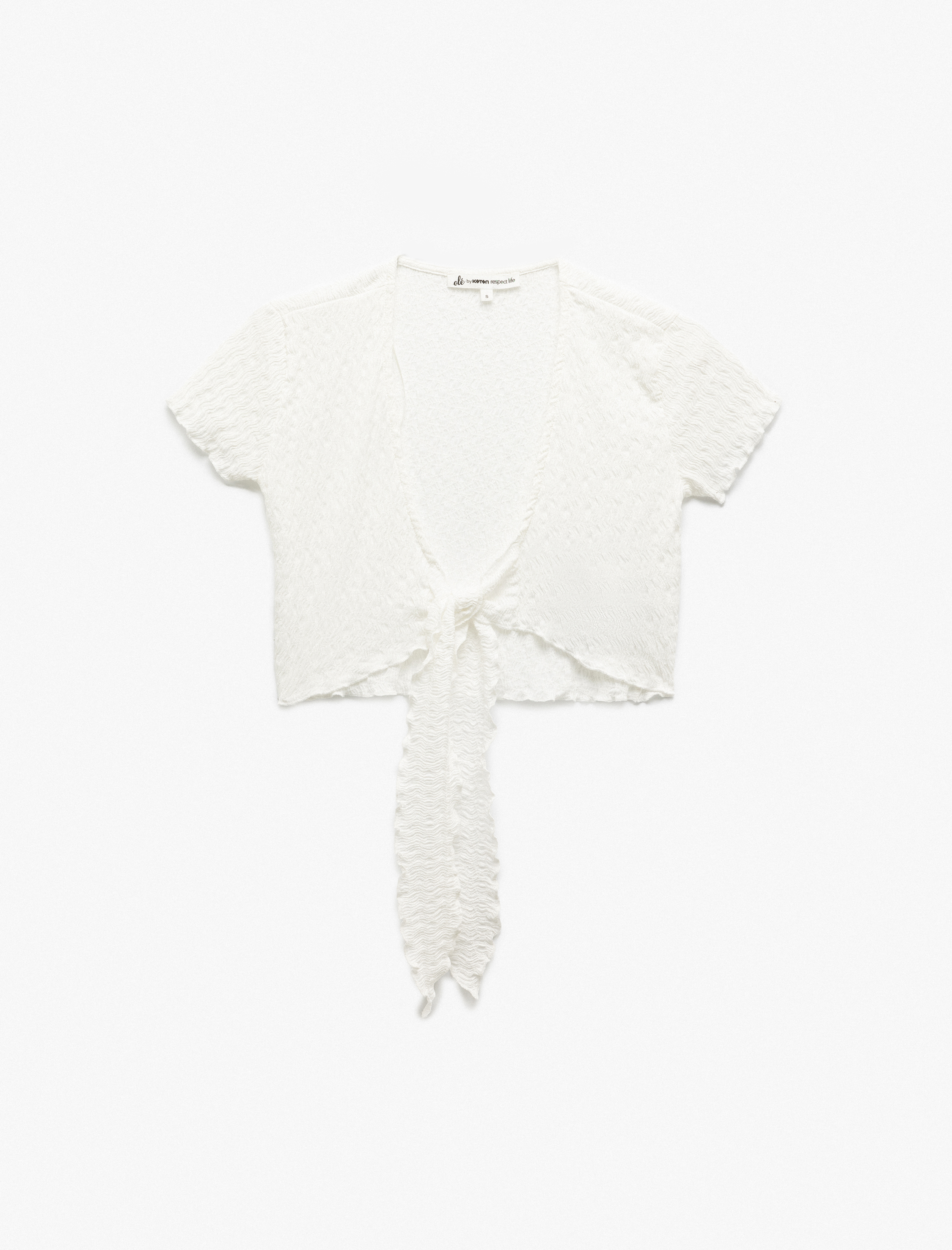 Bağlamalı V Yaka Kısa Kollu Fırfırlı Crop Tişört Bürümcük