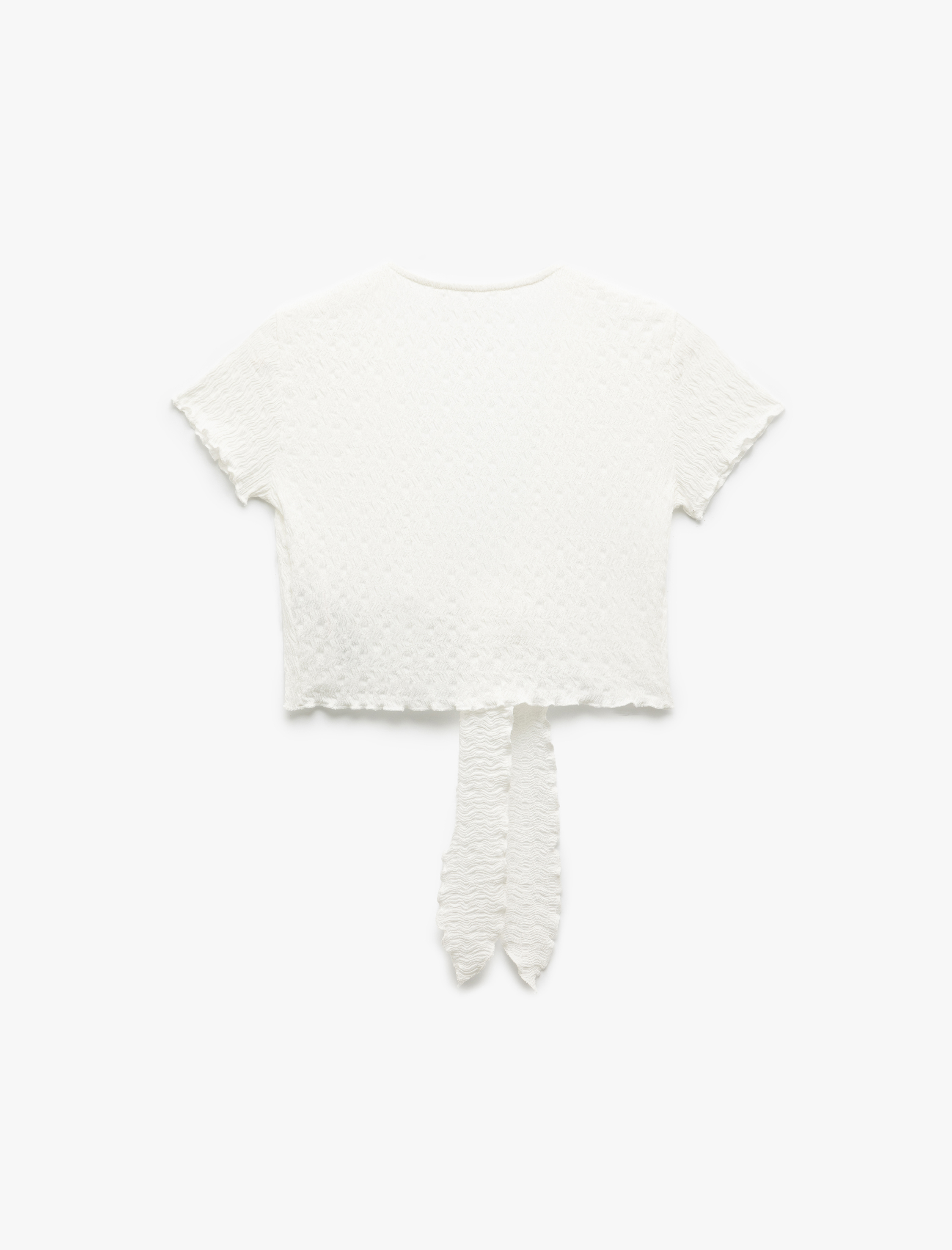 Bağlamalı V Yaka Kısa Kollu Fırfırlı Crop Tişört Bürümcük