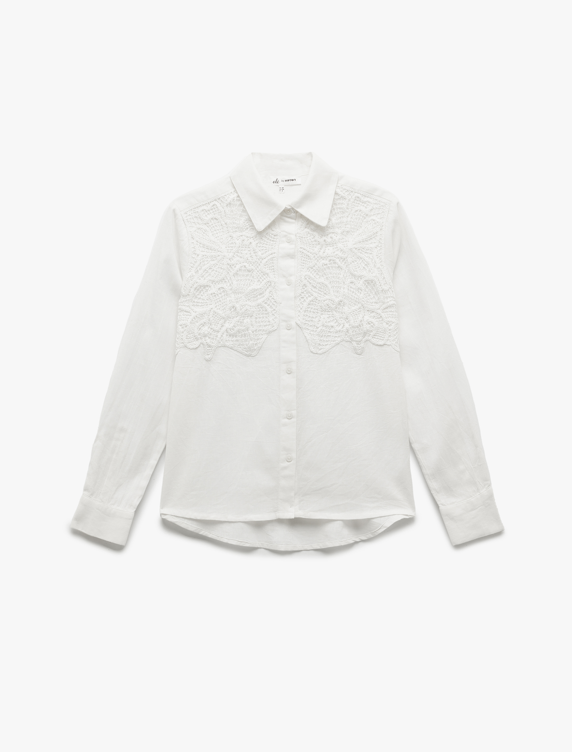   Dantel Detaylı Düğmeli Klasik Yaka Uzun Kollu Keten Karışımlı Gömlek