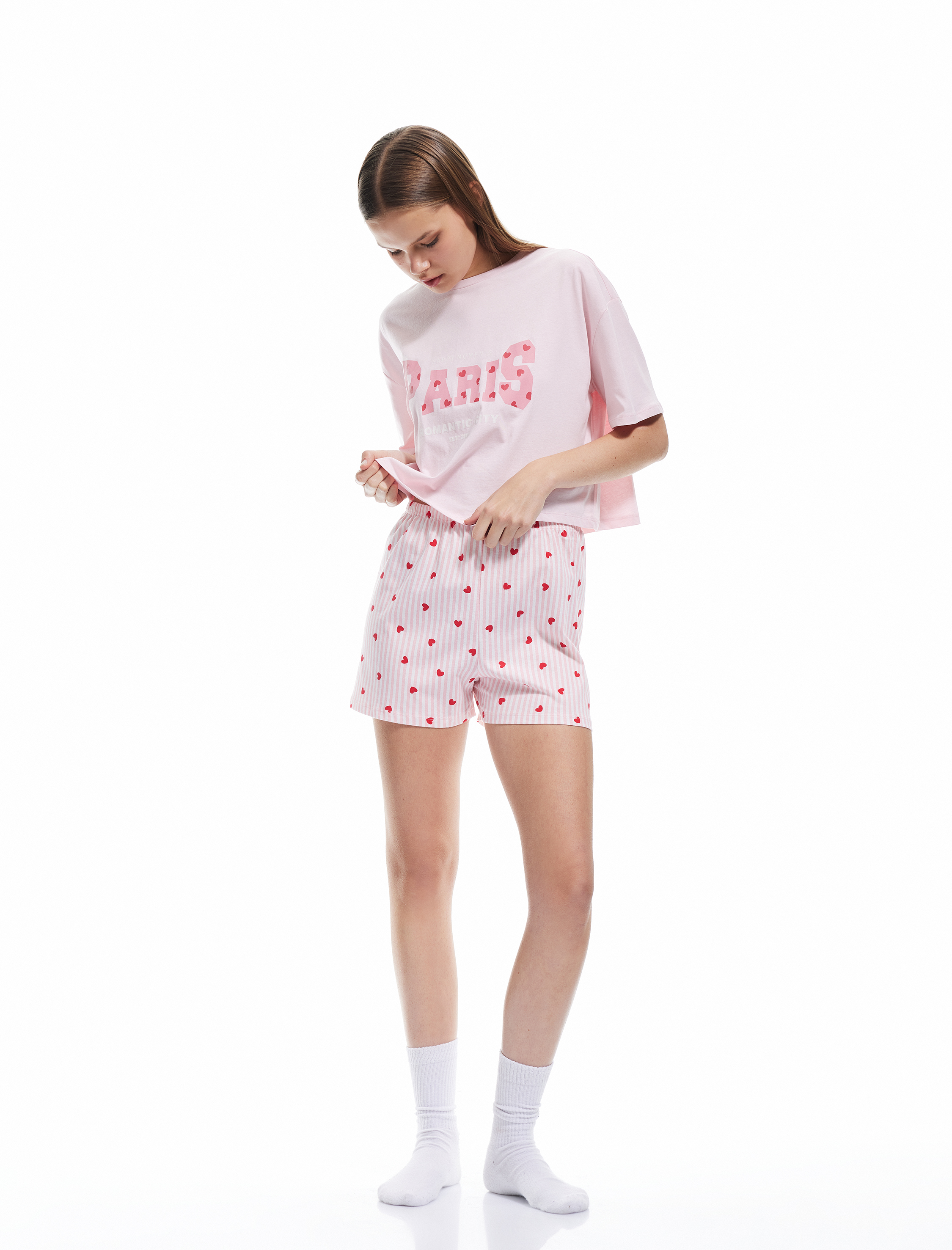 Koton Kadın Pamuklu Bisiklet Yaka Kısa Kollu Kalpli Şort Pijama Takımı -1